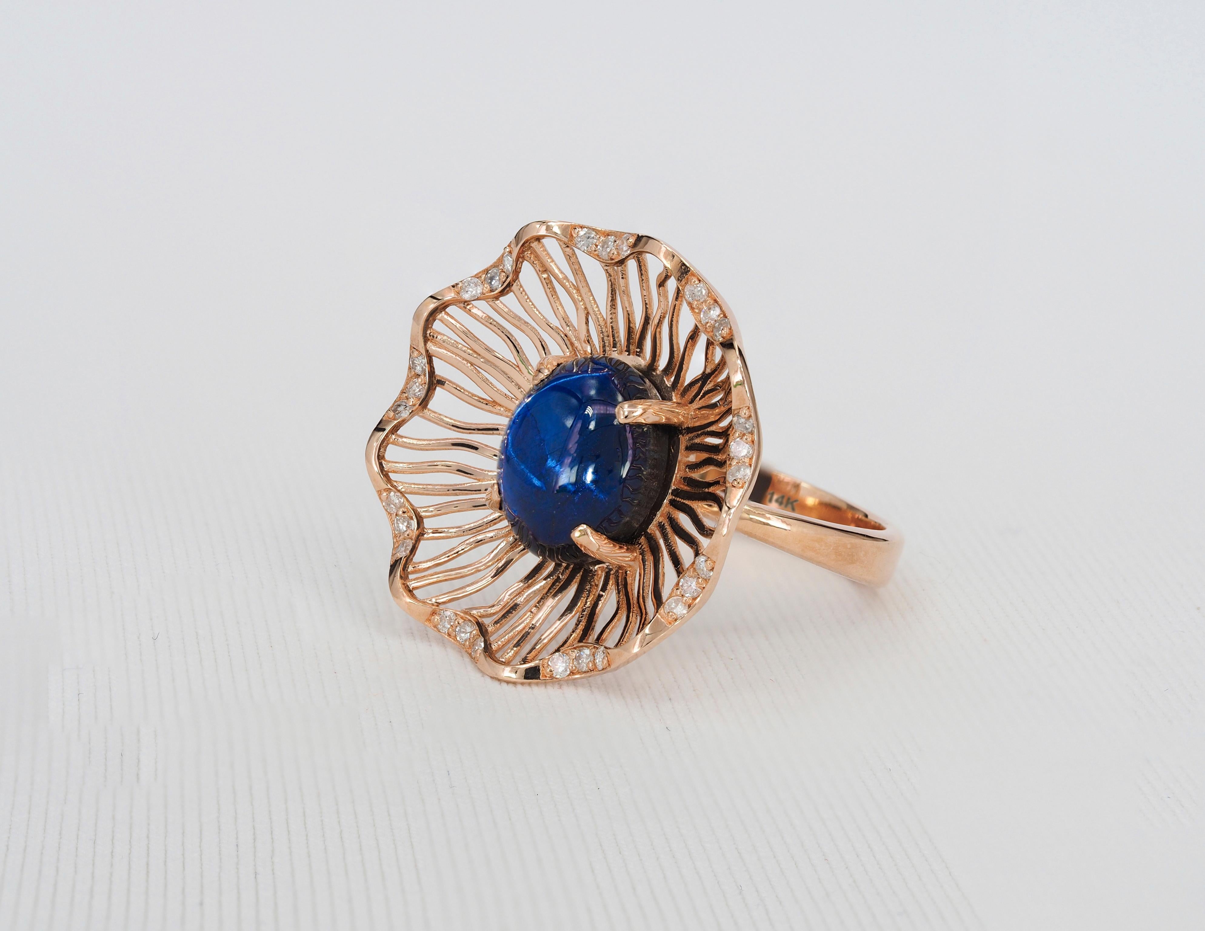 Ovaler Cabochon-Saphir-Ring aus 14k Gold.  Damen im Angebot