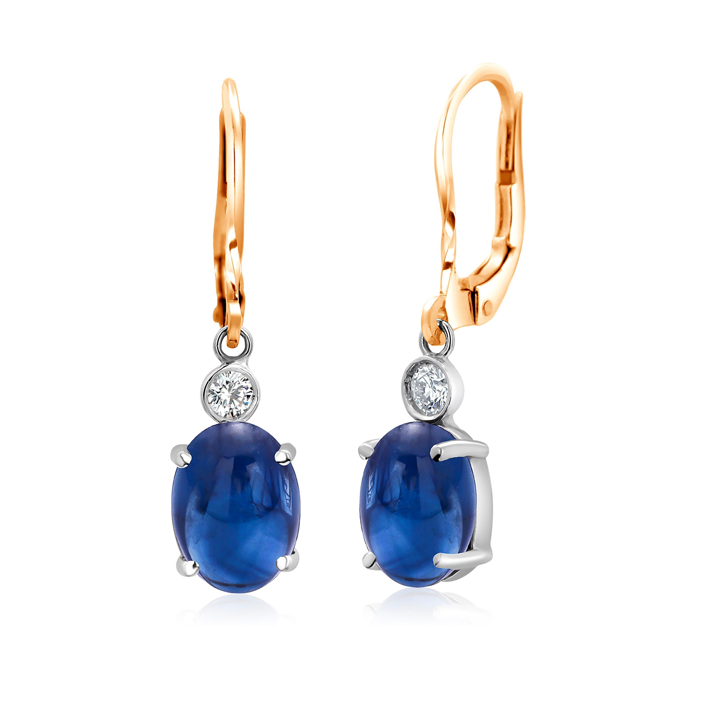 Women's or Men's Oval Cabochon Sapphire and Two Diamond Yellow and White Gold Lever Back Earrings
