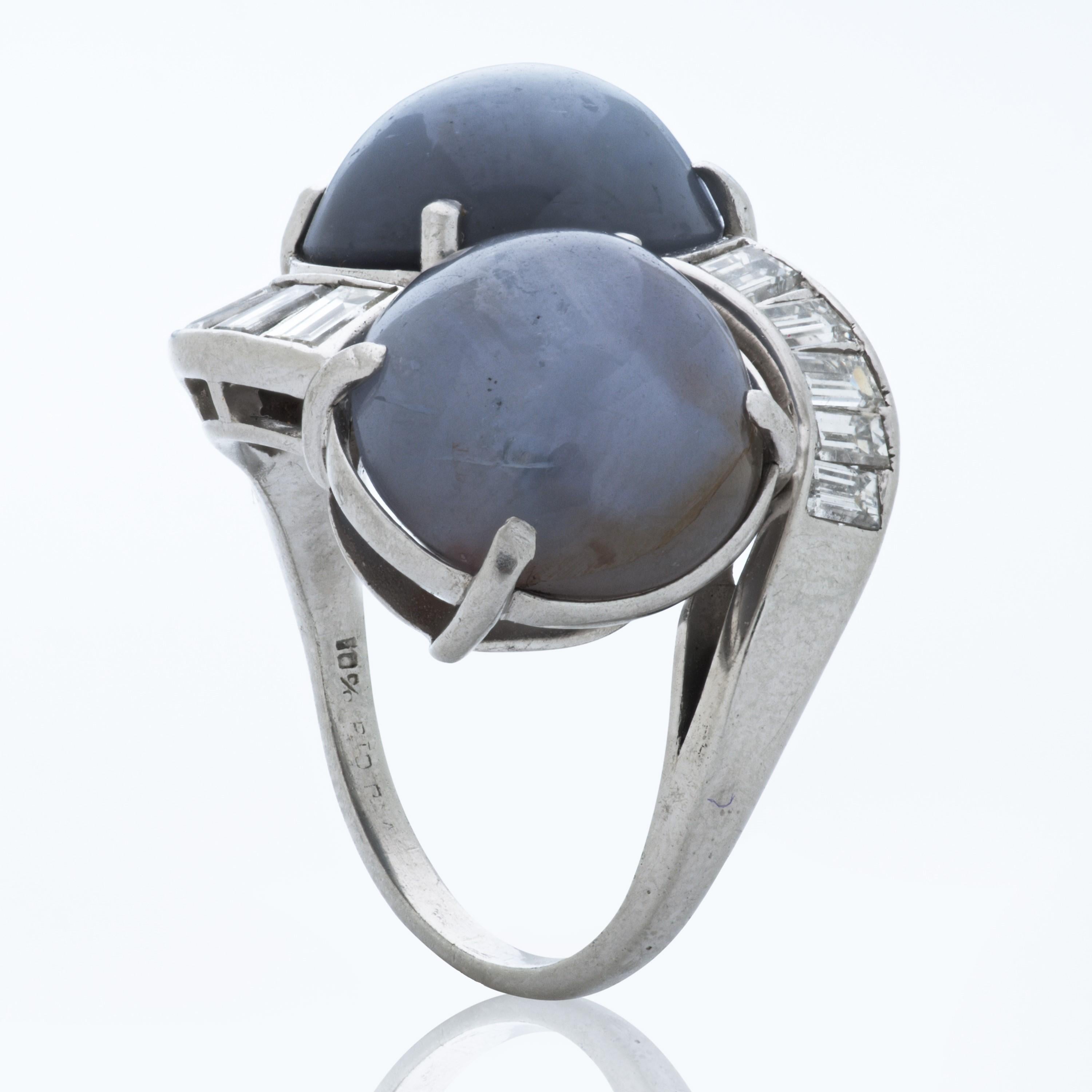 Oval Cabochon Star Sapphire and Baguette Diamond Bypass Ring in Platinum In Good Condition For Sale In Philadelphia, PA