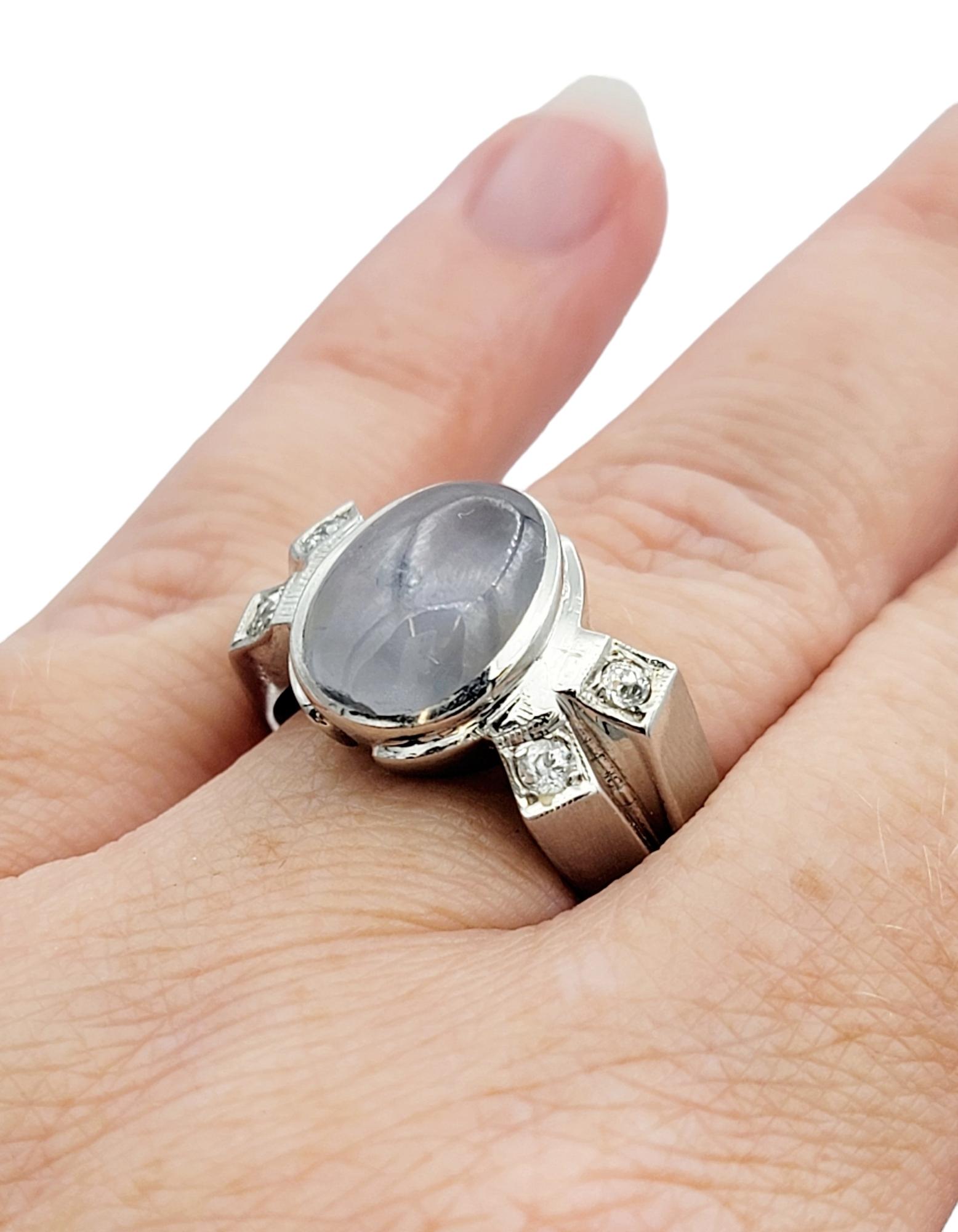 Oval Cabochon Star Sapphire and Diamond Cocktail Ring in 14 Karat White Gold For Sale 6