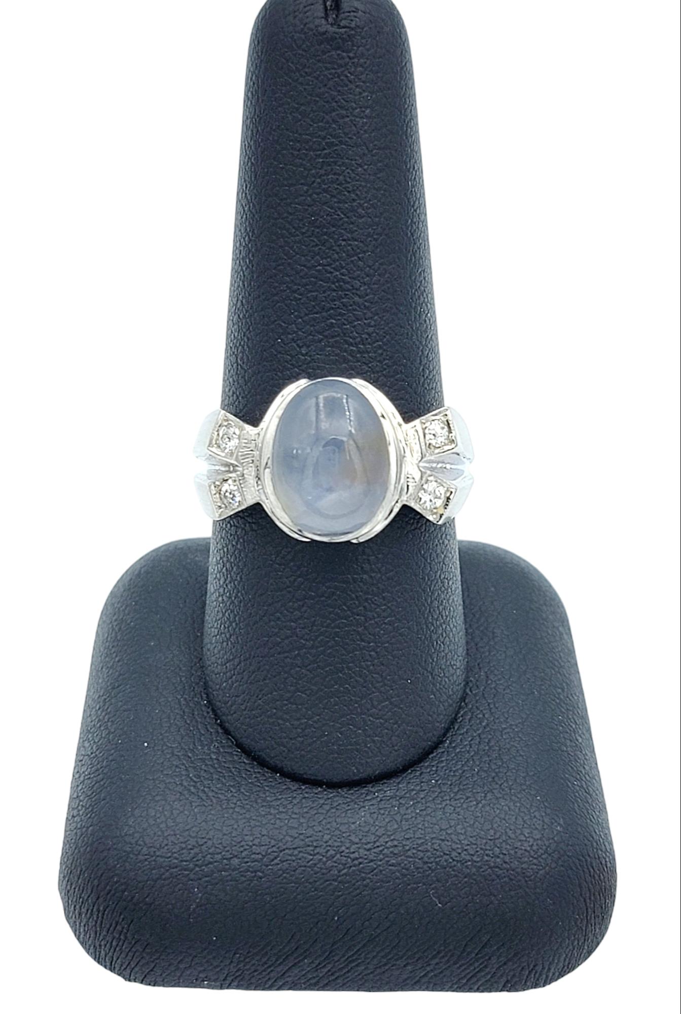 Oval Cabochon Star Sapphire and Diamond Cocktail Ring in 14 Karat White Gold For Sale 7