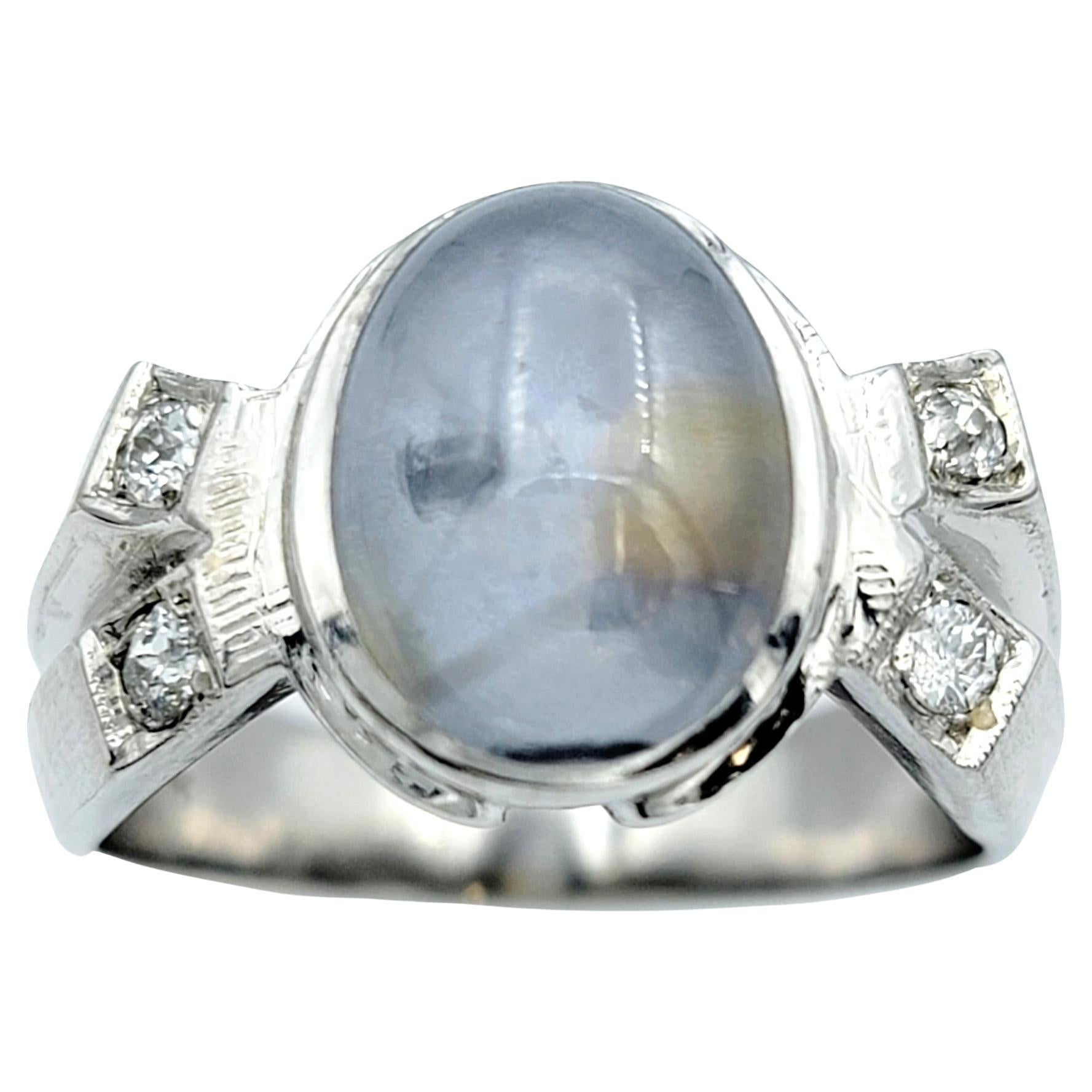 Oval Cabochon Star Sapphire and Diamond Cocktail Ring in 14 Karat White Gold For Sale