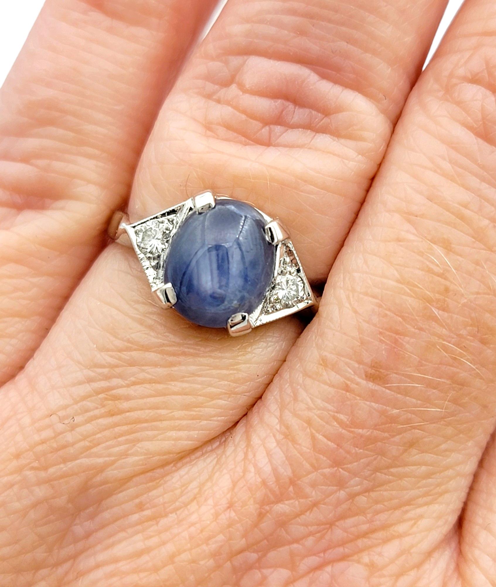 Oval Cabochon Star Sapphire and Diamond Cocktail Ring Set in 14 Karat White Gold For Sale 2
