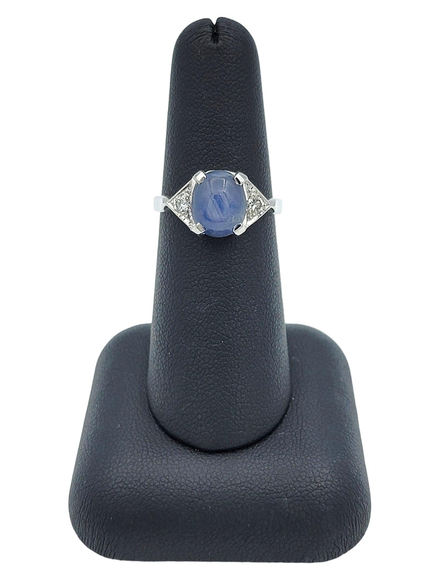 Oval Cabochon Star Sapphire and Diamond Cocktail Ring Set in 14 Karat White Gold For Sale 3