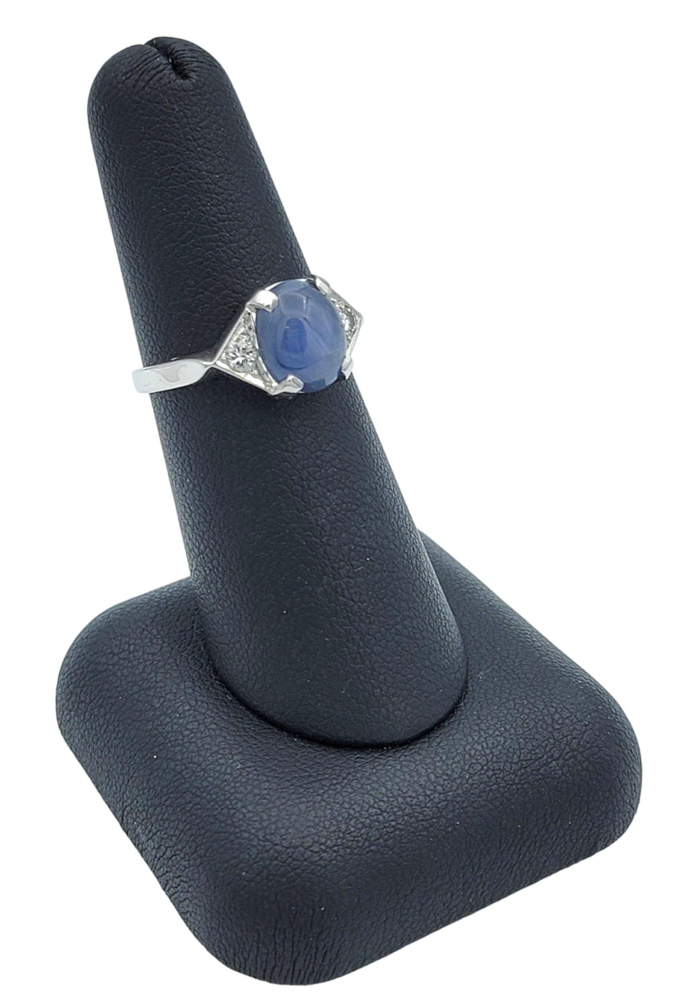 Oval Cabochon Star Sapphire and Diamond Cocktail Ring Set in 14 Karat White Gold For Sale 4