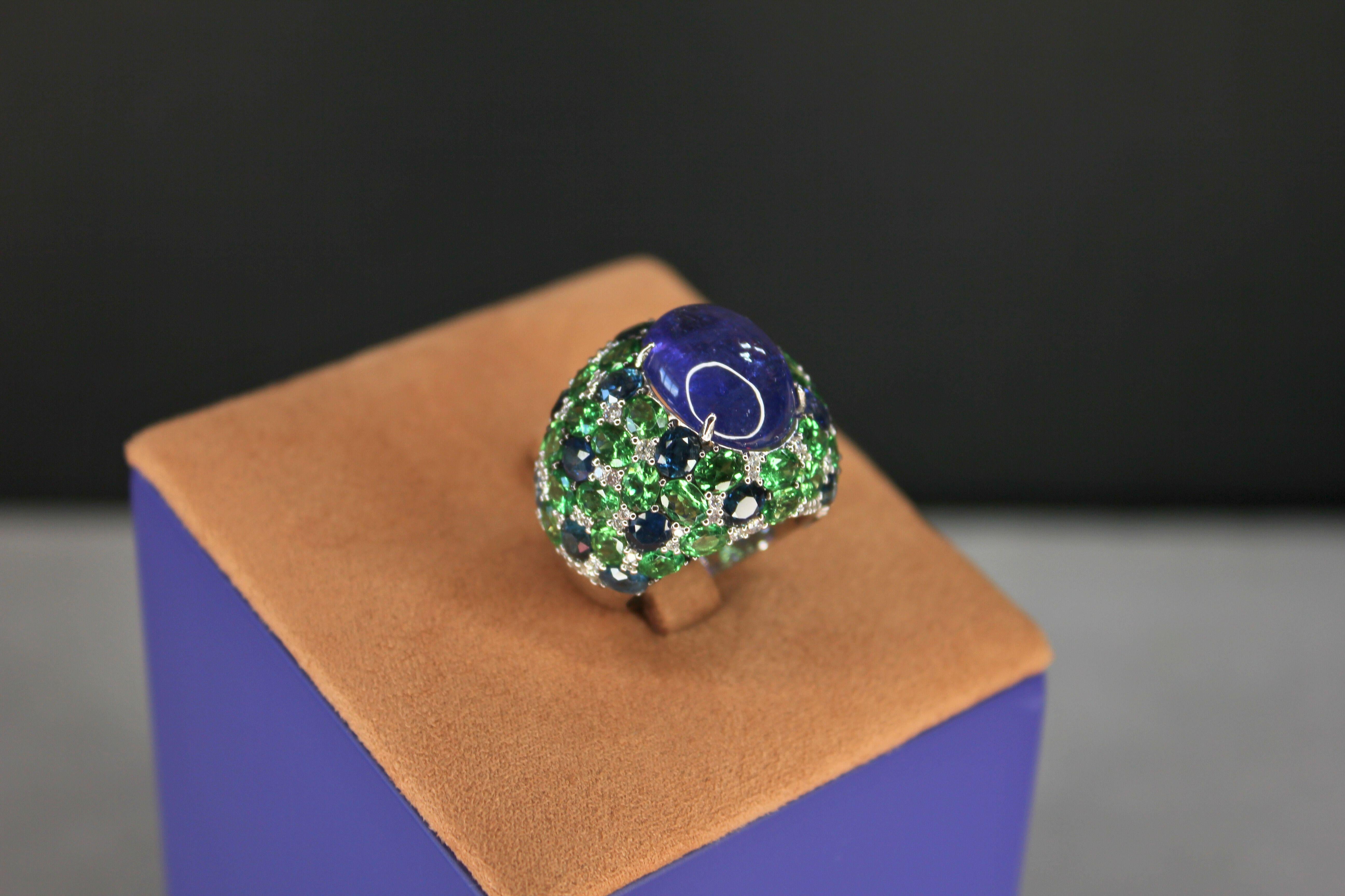 Oval Cabochon Tanzanite Tsavorite Diamond Pave Dome Big 18K White Gold Ring For Sale 5