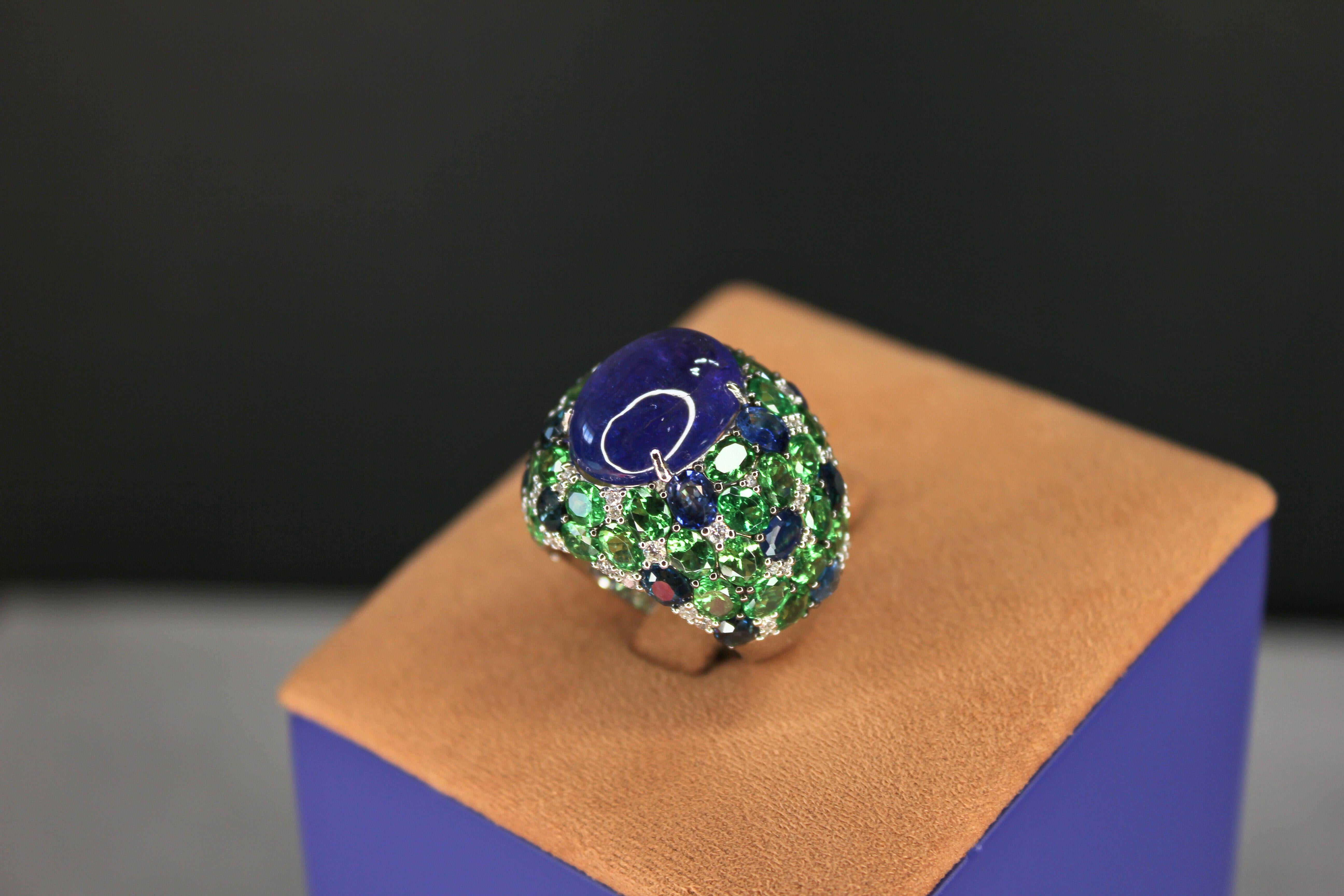 Oval Cabochon Tanzanite Tsavorite Diamond Pave Dome Big 18K White Gold Ring For Sale 6