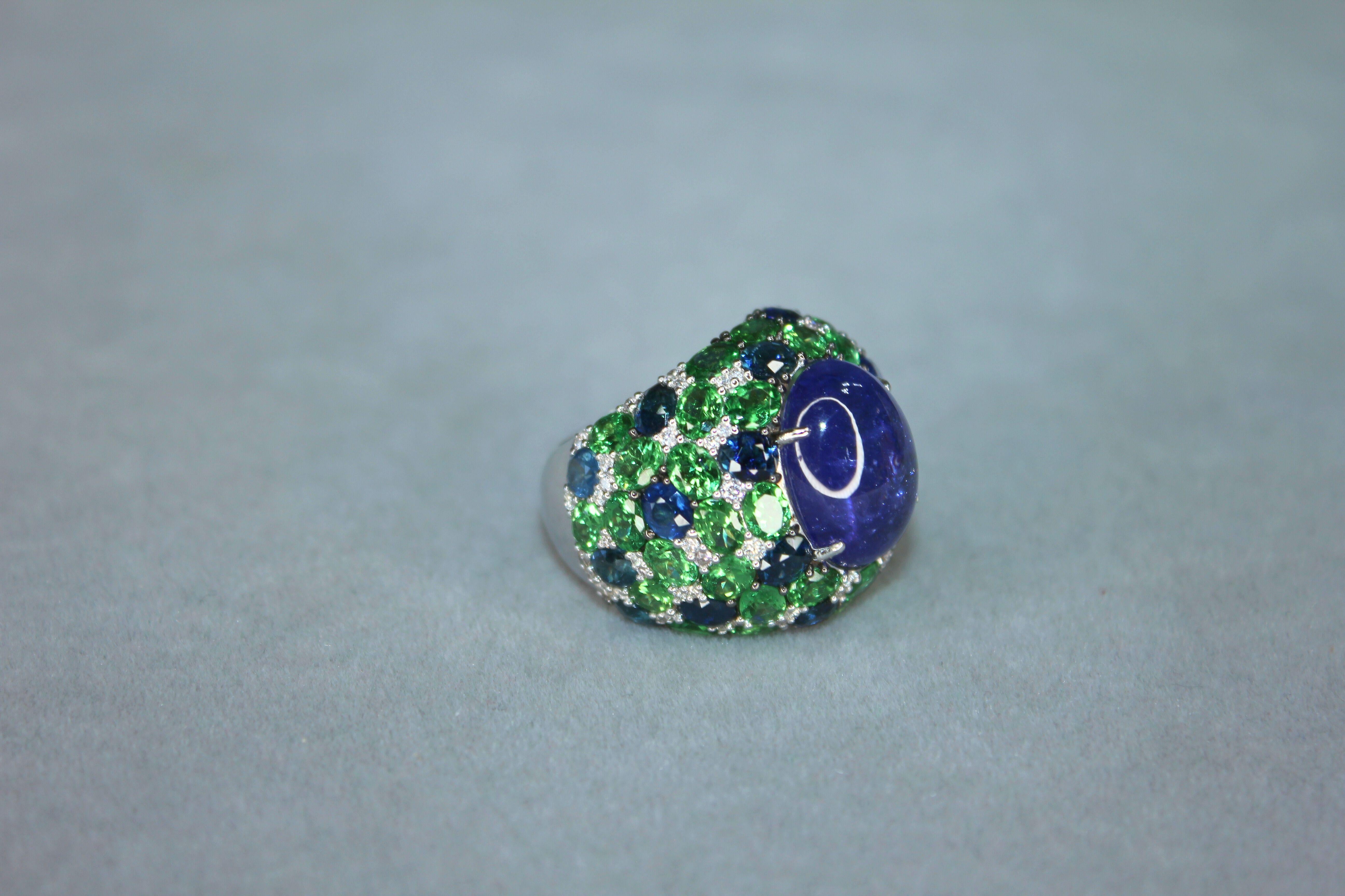 Oval Cabochon Tanzanite Tsavorite Diamond Pave Dome Big 18K White Gold Ring In New Condition For Sale In Oakton, VA