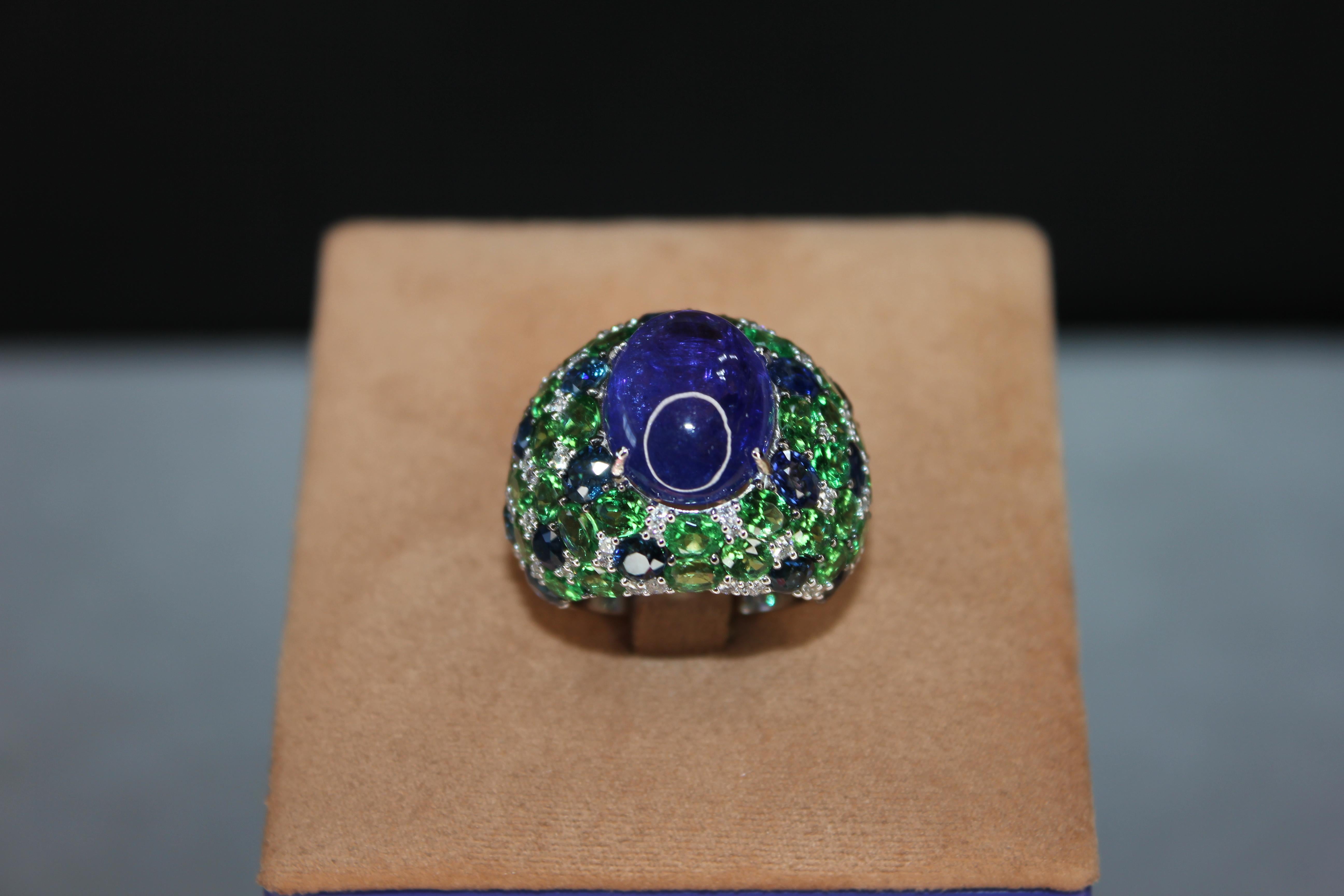 Oval Cabochon Tanzanite Tsavorite Diamond Pave Dome Big 18K White Gold Ring For Sale 1