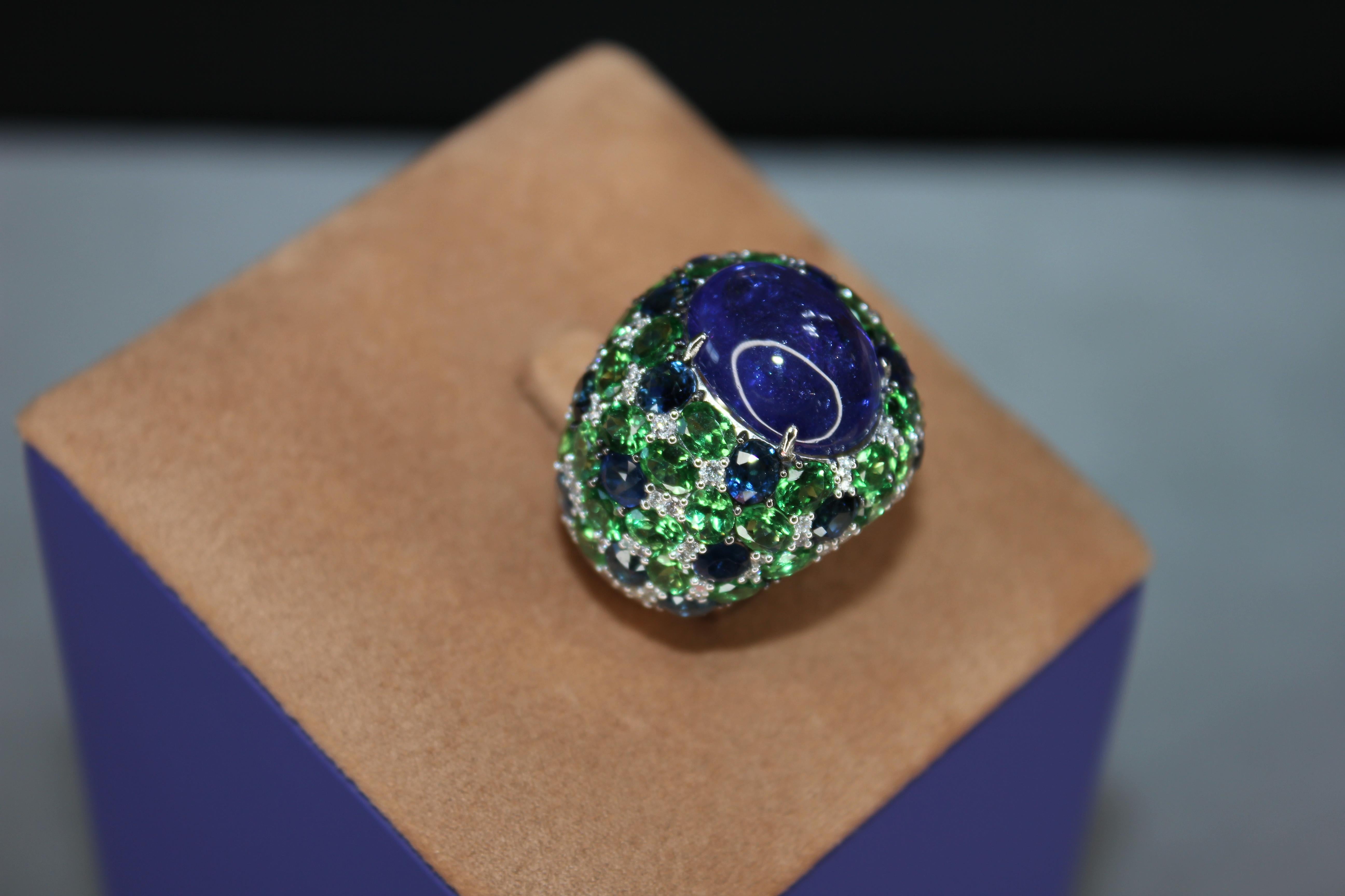 Oval Cabochon Tanzanite Tsavorite Diamond Pave Dome Big 18K White Gold Ring For Sale 3