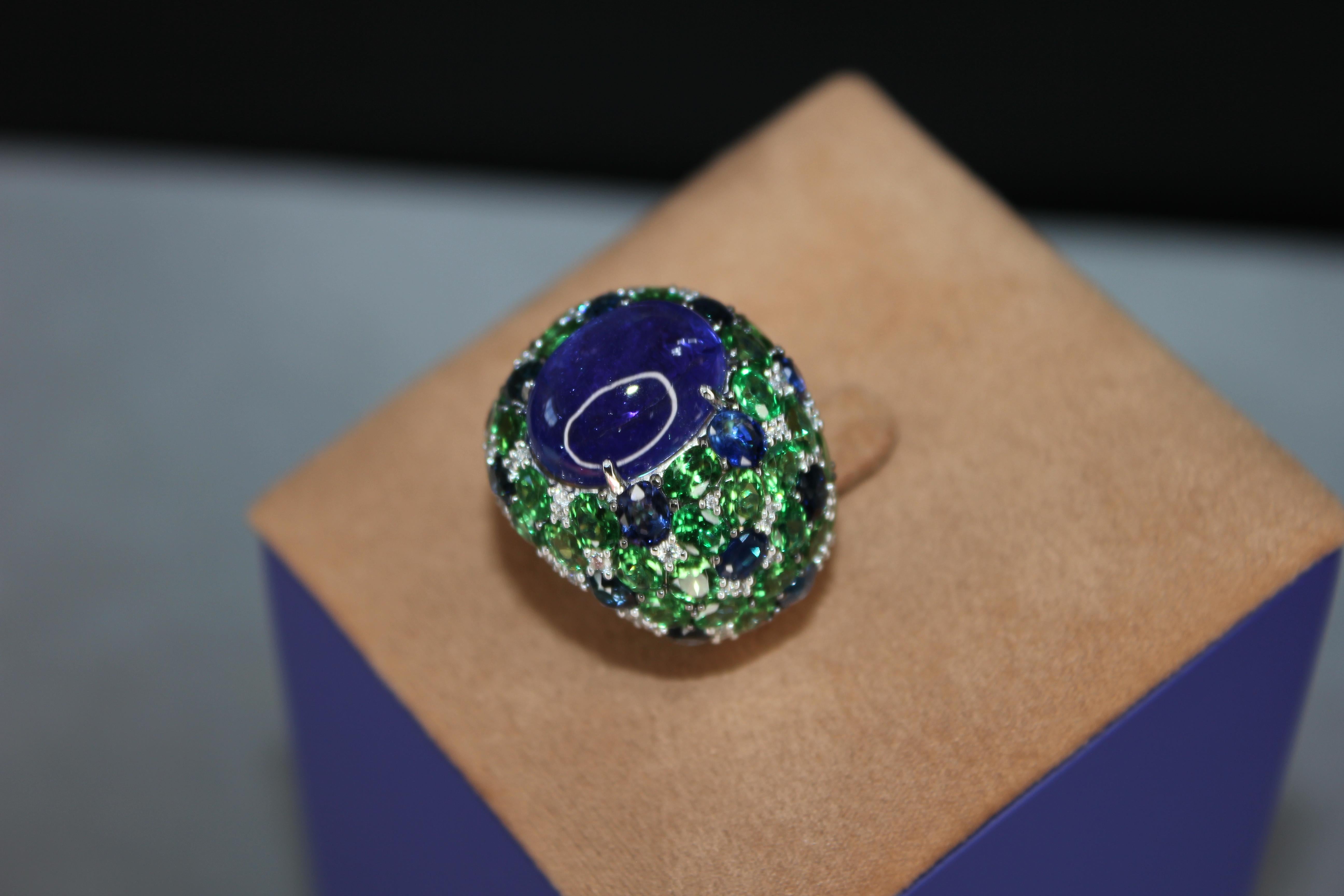 Oval Cabochon Tanzanite Tsavorite Diamond Pave Dome Big 18K White Gold Ring For Sale 4