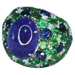 Oval Cabochon Tanzanite Tsavorite Diamond Pave Dome Big 18K White Gold Ring