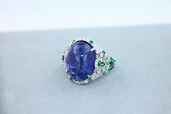 Oval Cabochon Tanzanite Tsavorite Diamond Pave Signet Cocktail White Gold Ring