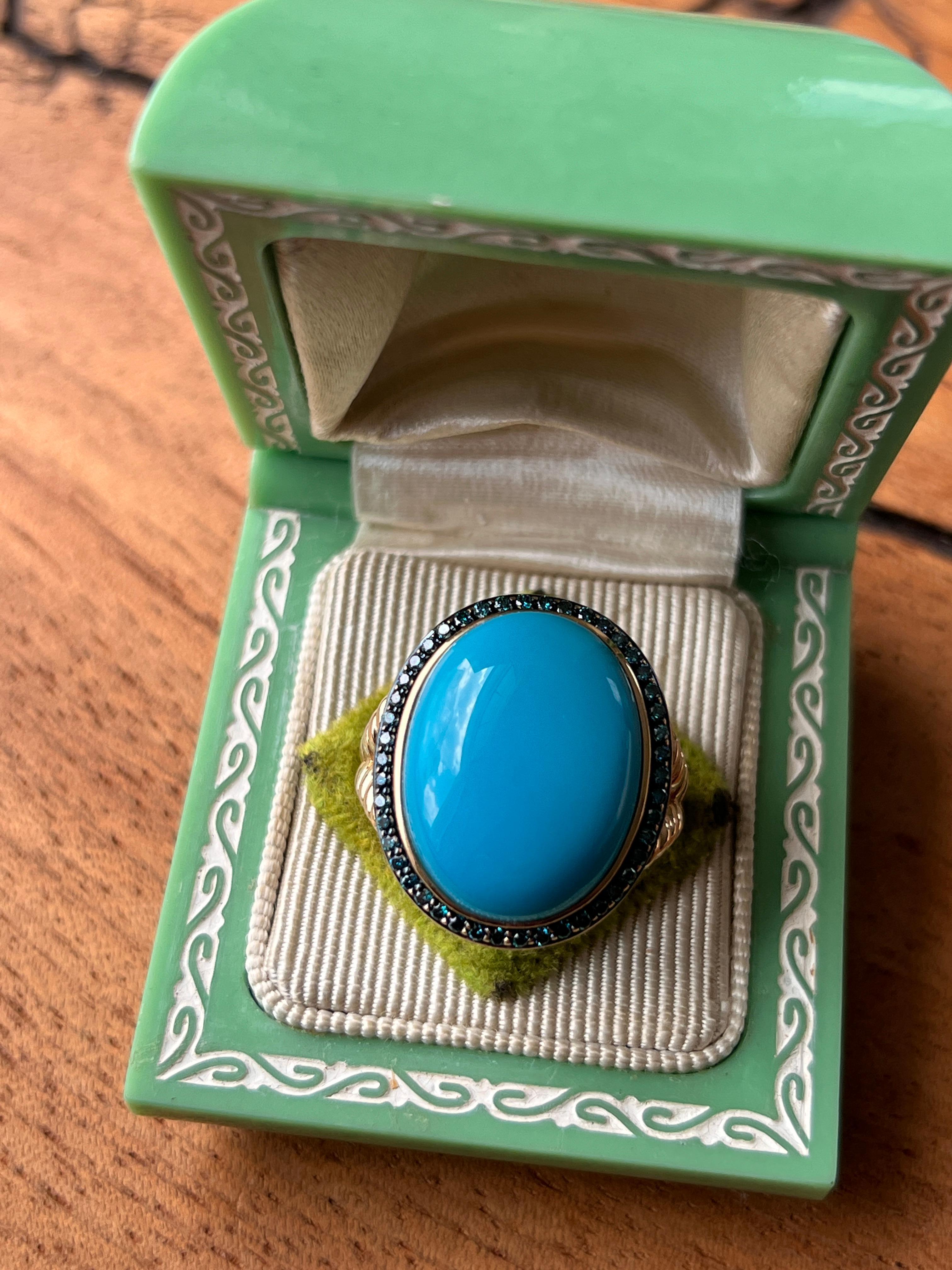 Oval Cabochon Turquoise & 0.37tcw Blue Diamond 14k Yellow Gold Cocktail Ring For Sale 7