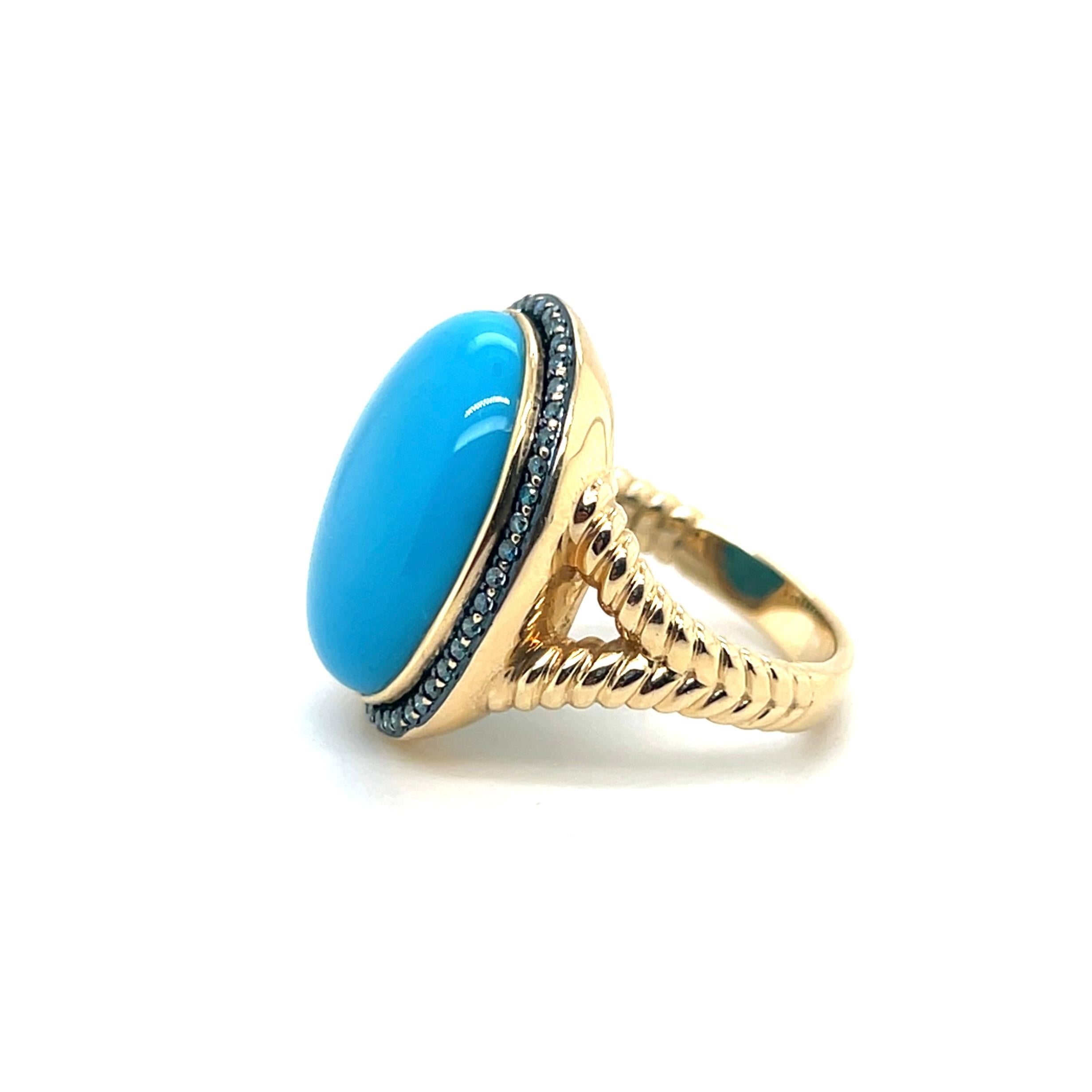 Women's or Men's Oval Cabochon Turquoise & 0.37tcw Blue Diamond 14k Yellow Gold Cocktail Ring For Sale
