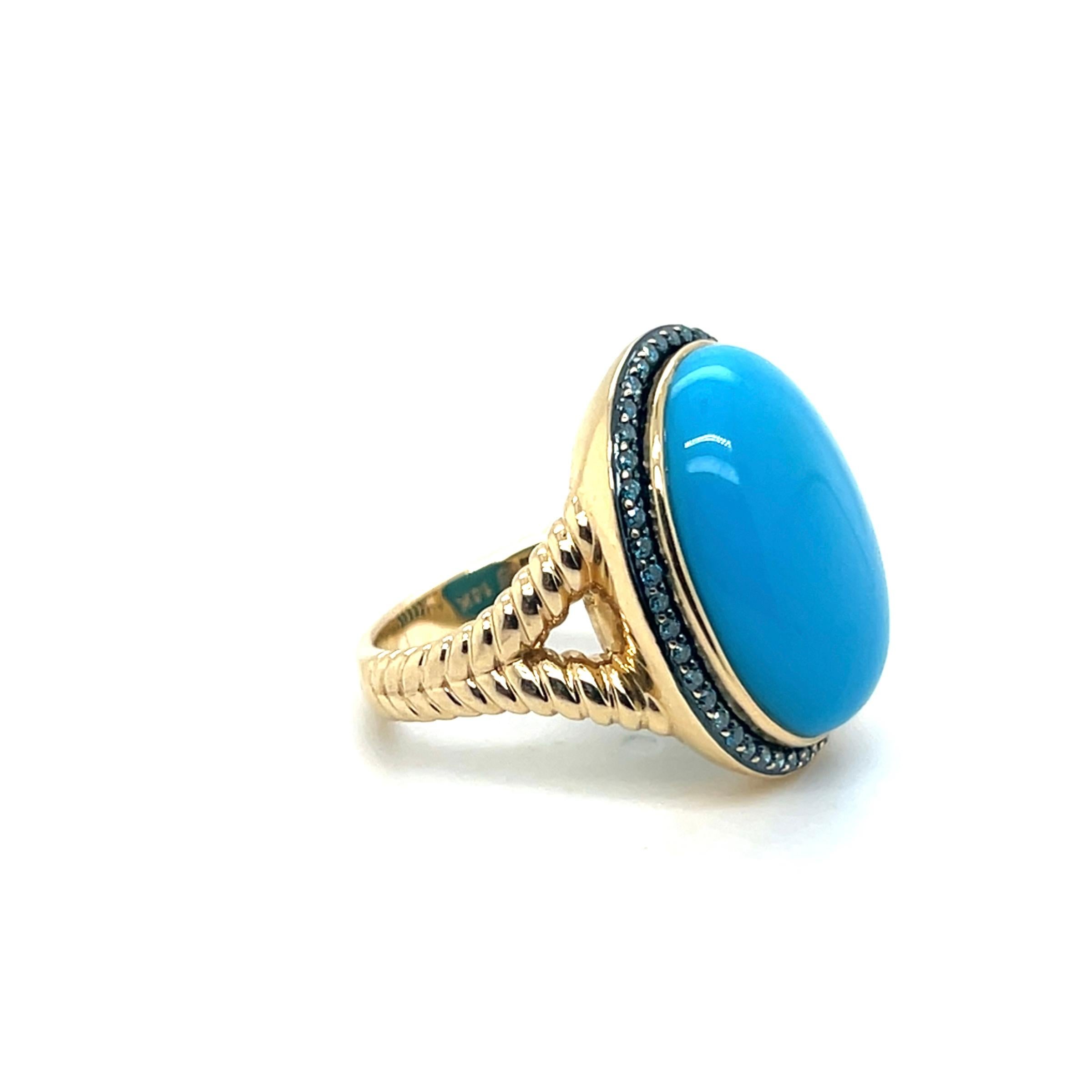 Oval Cabochon Turquoise & 0.37tcw Blue Diamond 14k Yellow Gold Cocktail Ring For Sale 1