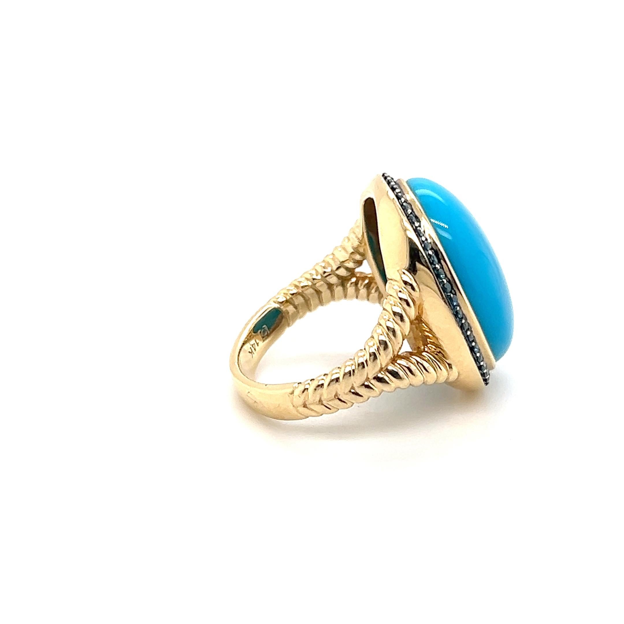 Oval Cabochon Turquoise & 0.37tcw Blue Diamond 14k Yellow Gold Cocktail Ring For Sale 2