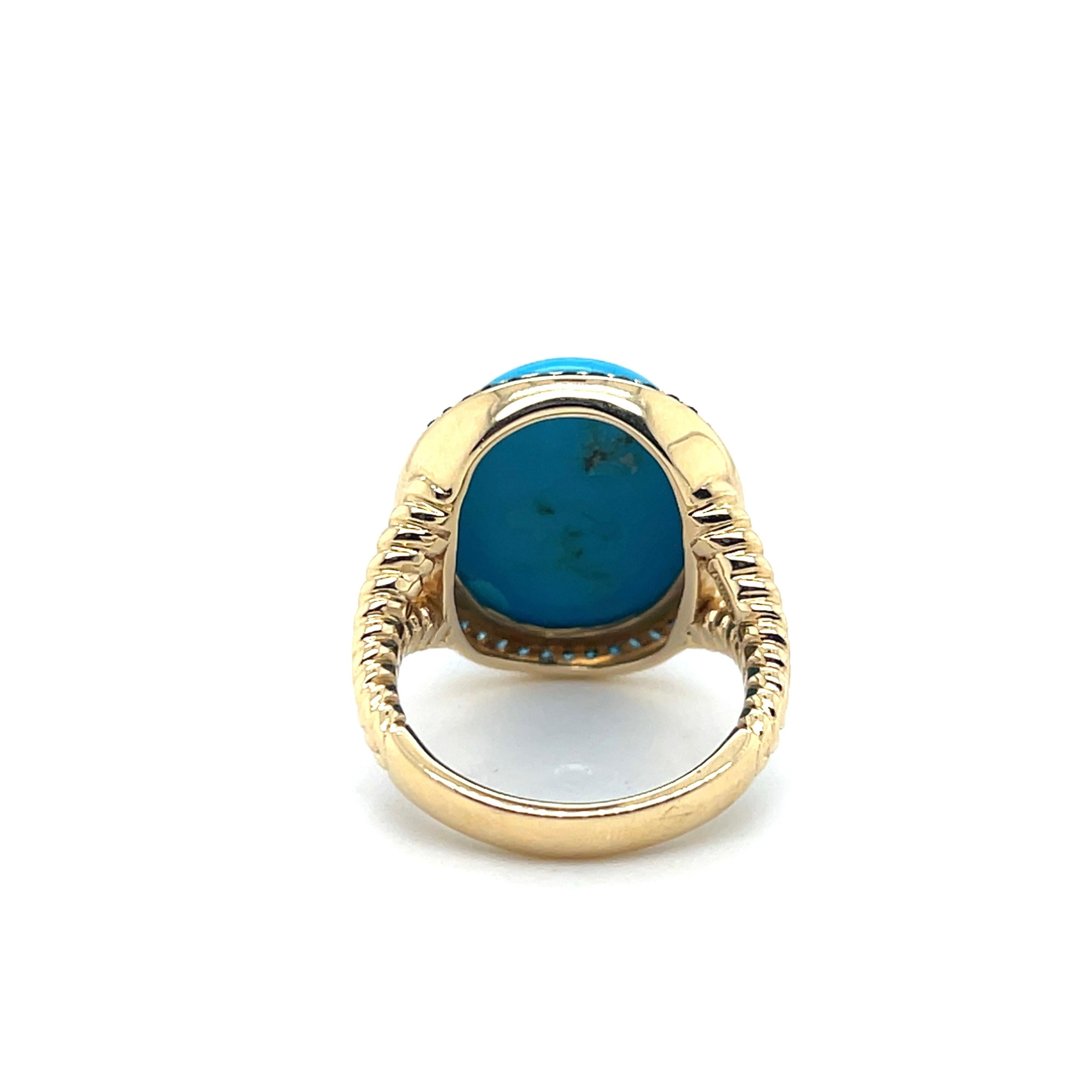 Oval Cabochon Turquoise & 0.37tcw Blue Diamond 14k Yellow Gold Cocktail Ring For Sale 3
