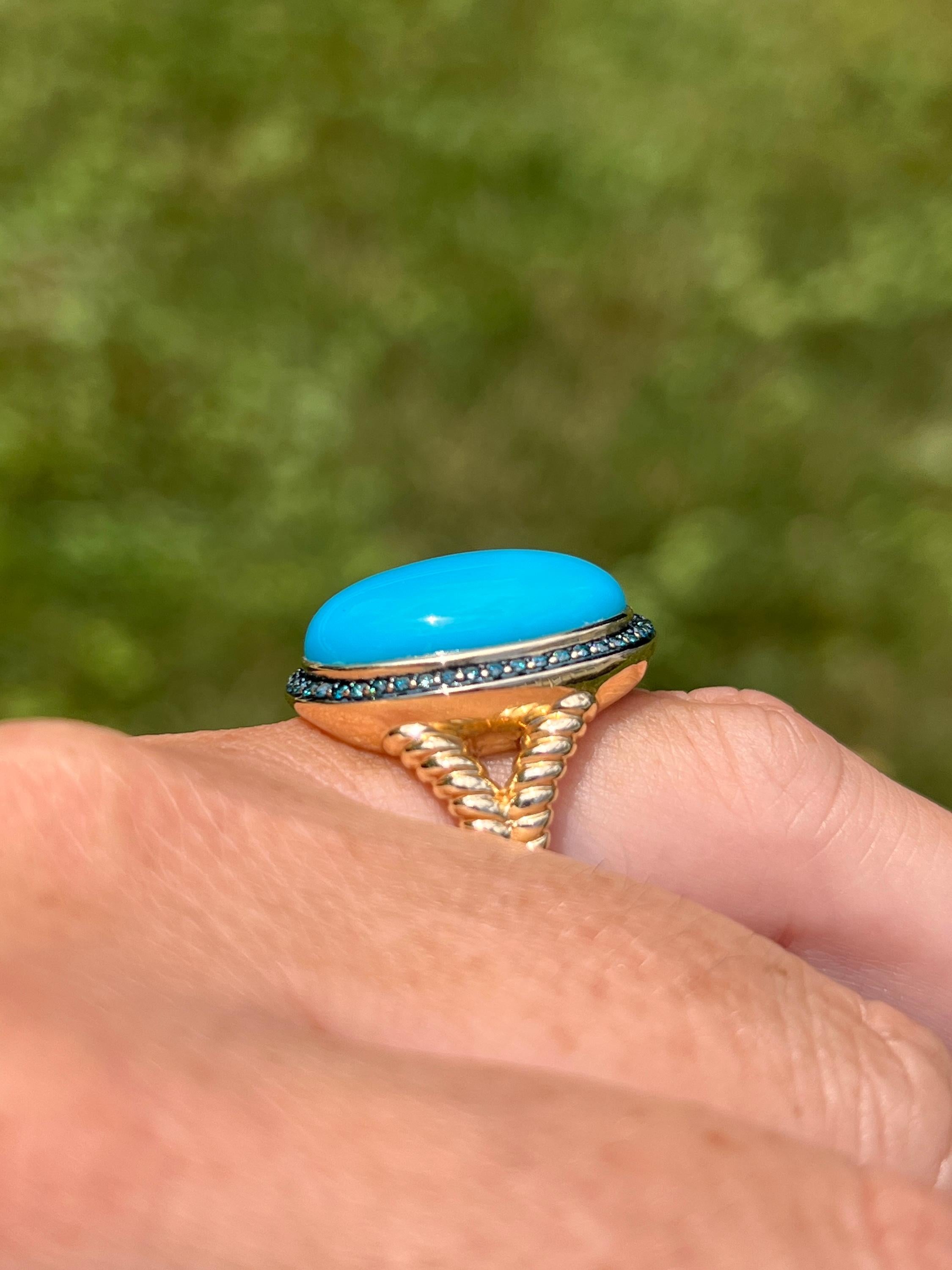 Oval Cabochon Turquoise & 0.37tcw Blue Diamond 14k Yellow Gold Cocktail Ring For Sale 4