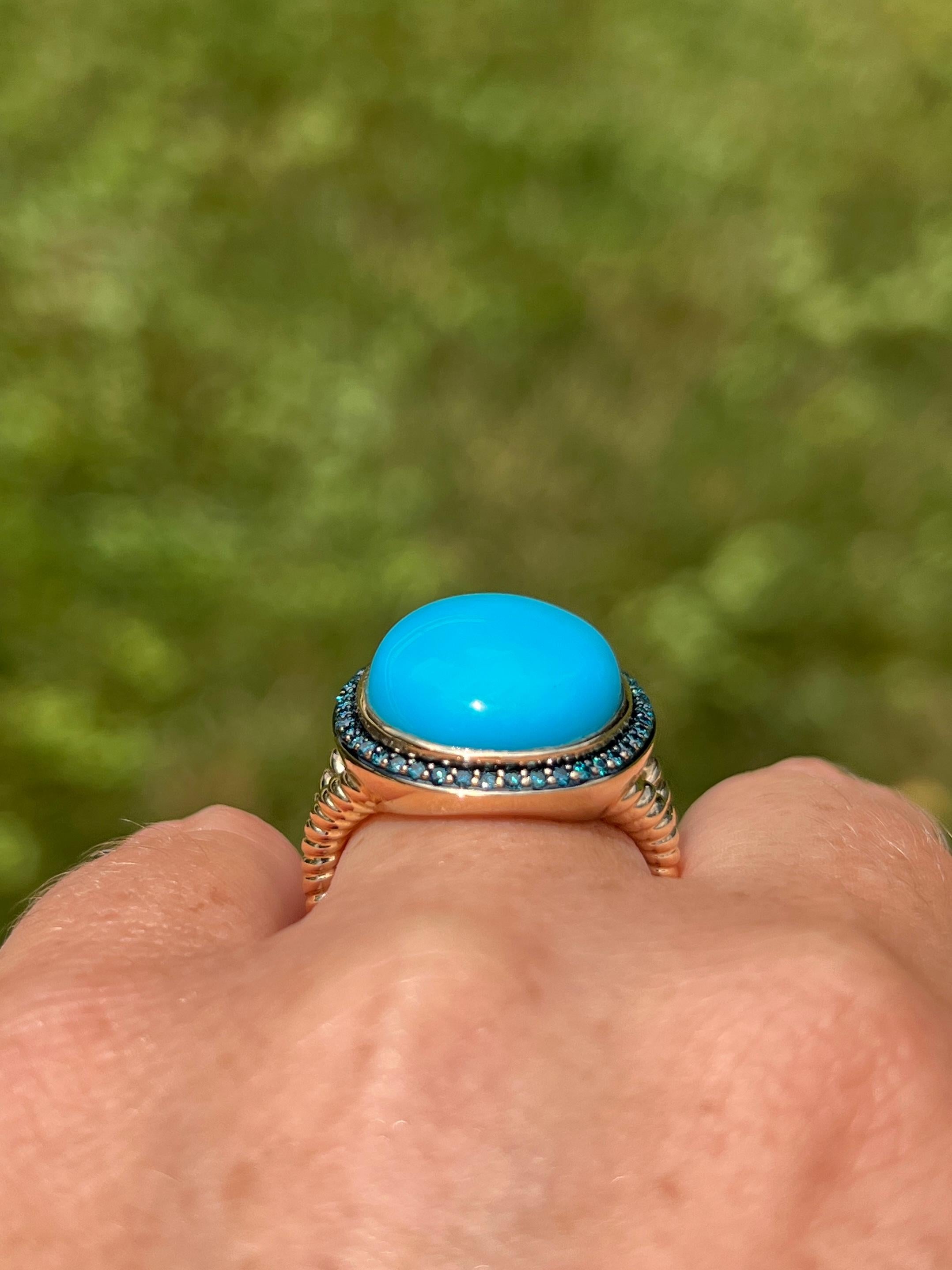 Oval Cabochon Turquoise & 0.37tcw Blue Diamond 14k Yellow Gold Cocktail Ring For Sale 5