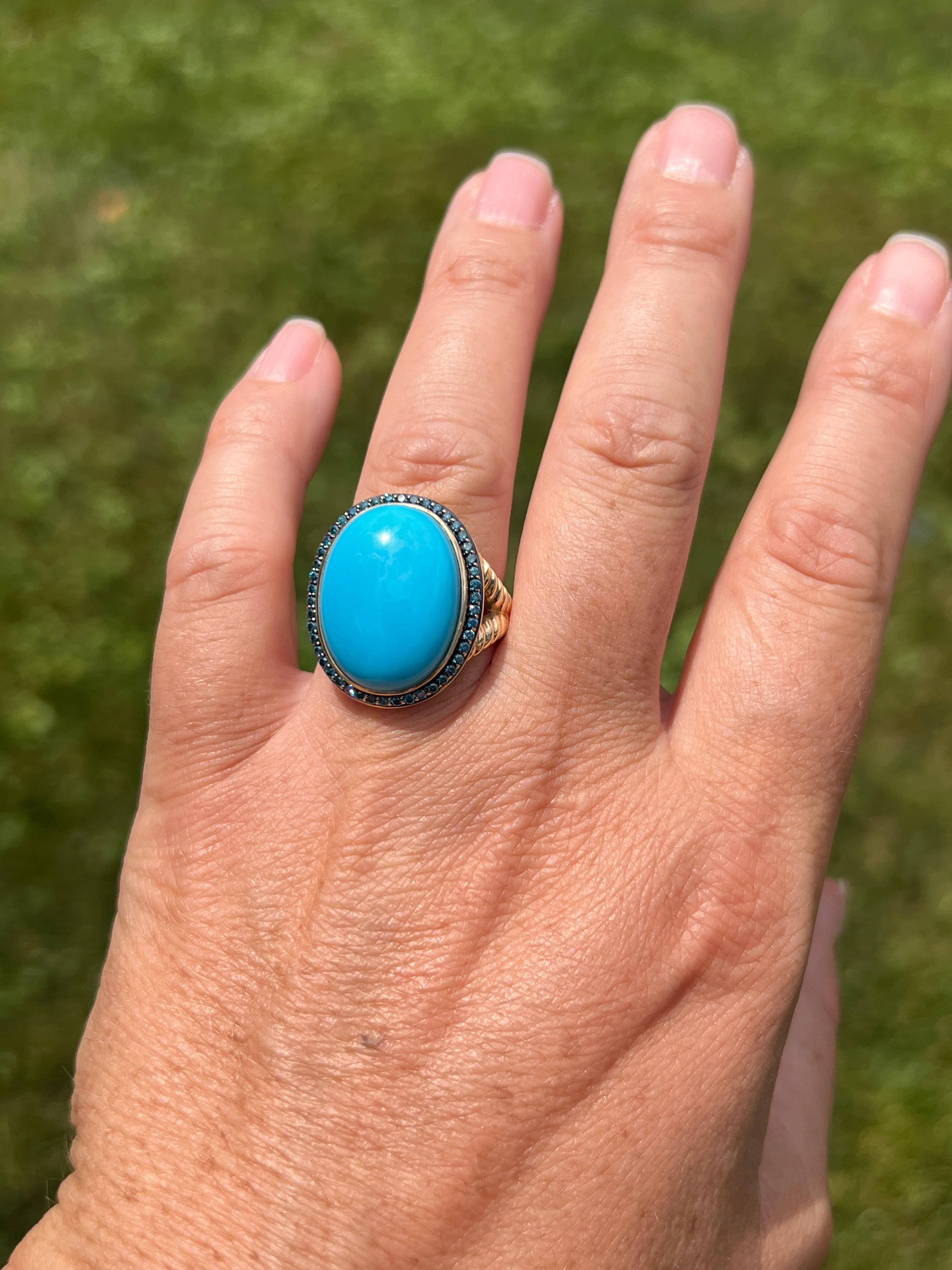 Oval Cabochon Turquoise & 0.37tcw Blue Diamond 14k Yellow Gold Cocktail Ring For Sale 6