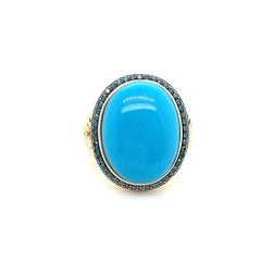 Oval Cabochon Turquoise & 0.37tcw Blue Diamond 14k Yellow Gold Cocktail Ring