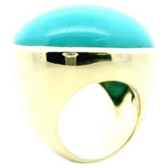 Oval Cabochon Turquoise 18 Karat Yellow Gold Contemporary Large Cocktail Ring