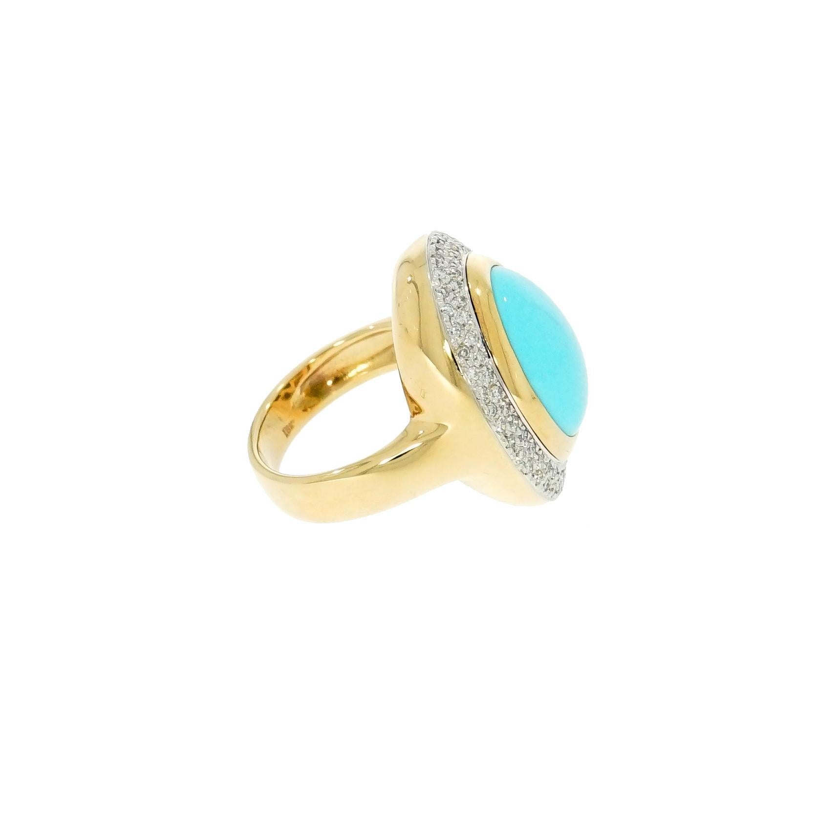 Oval Cut Oval Cabochon Turquoise and Diamond Yellow Gold Cocktail Ring