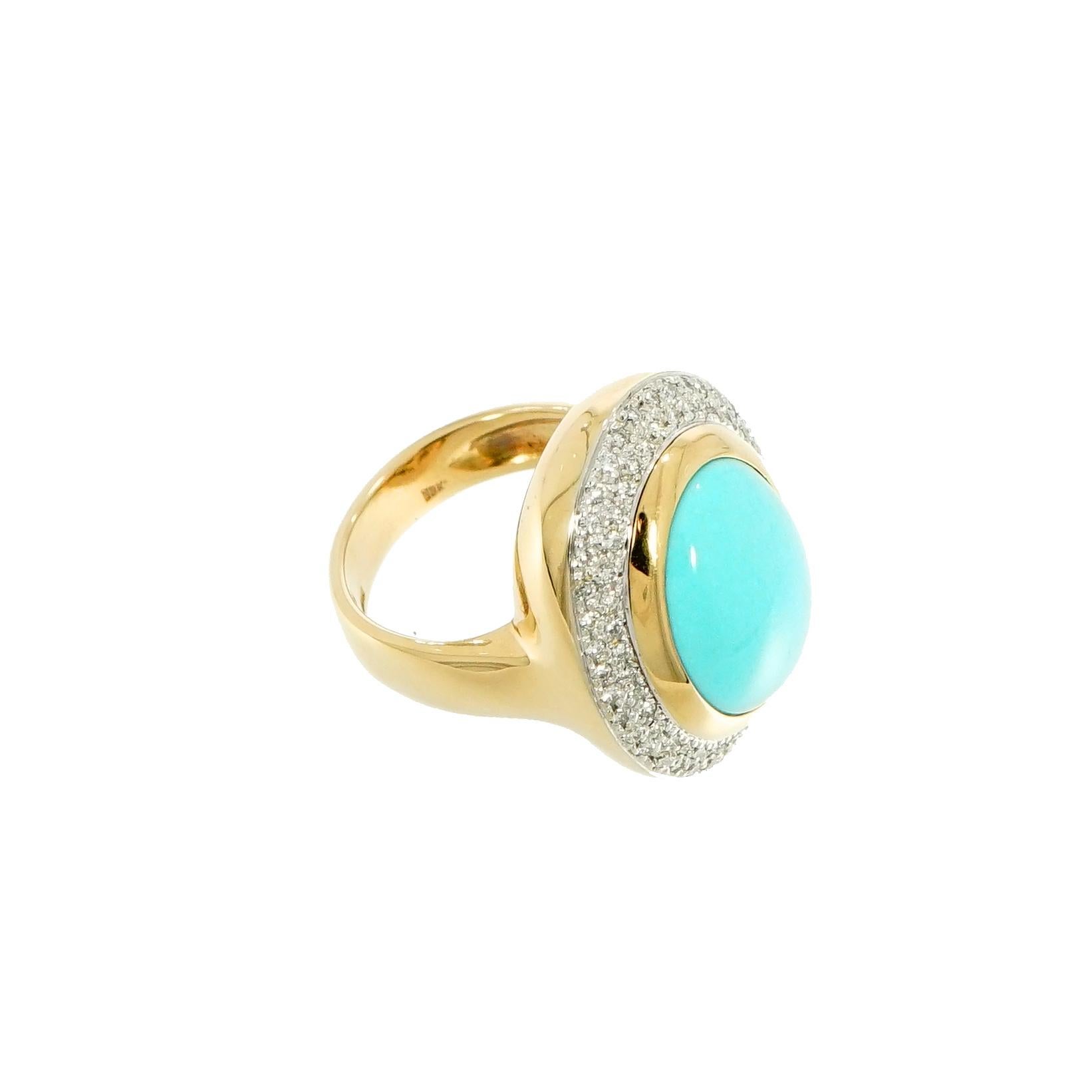 Oval Cabochon Turquoise and Diamond Yellow Gold Cocktail Ring In Good Condition In Greenwich, CT