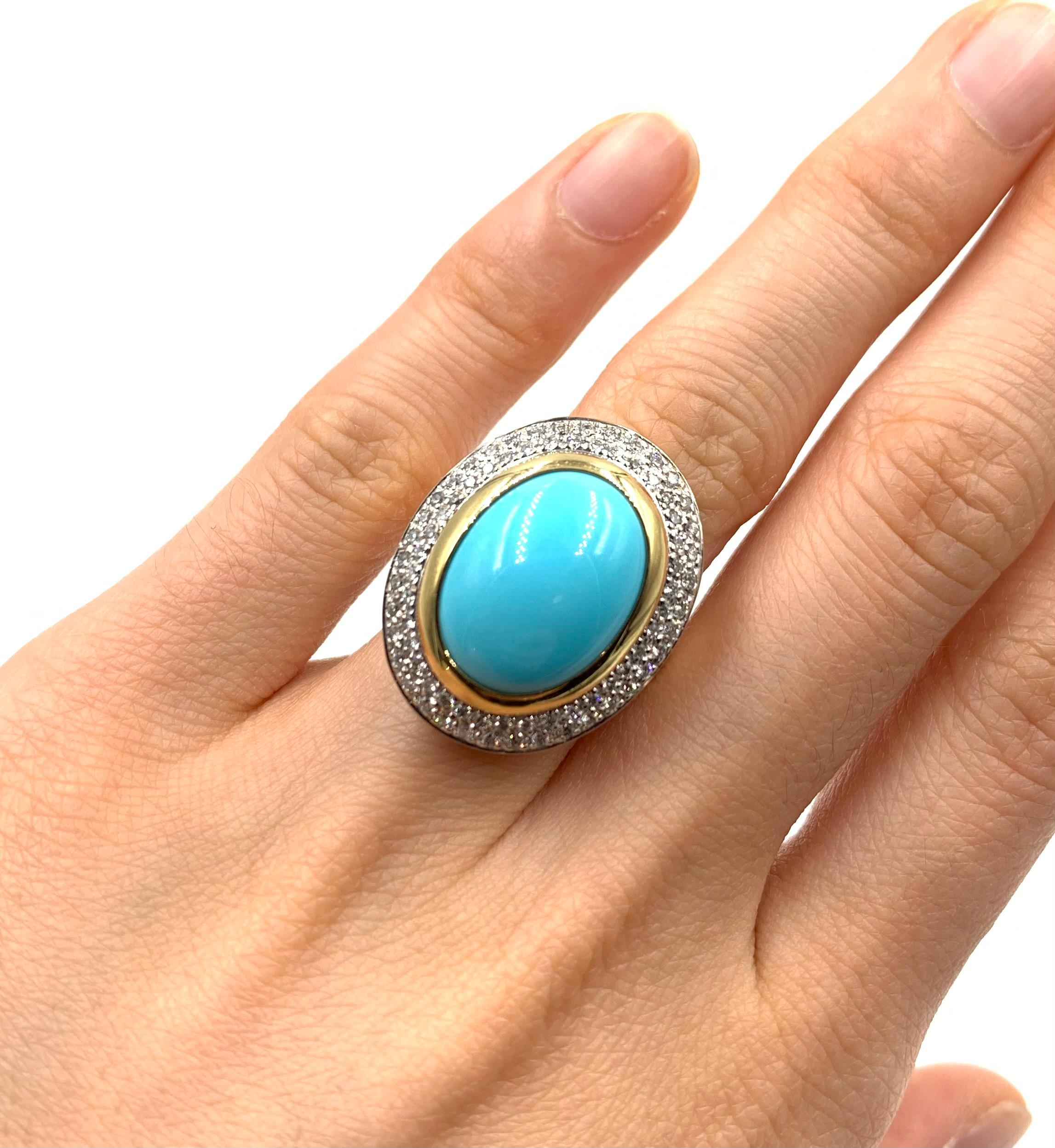 Oval Cabochon Turquoise and Diamond Yellow Gold Cocktail Ring For Sale 1