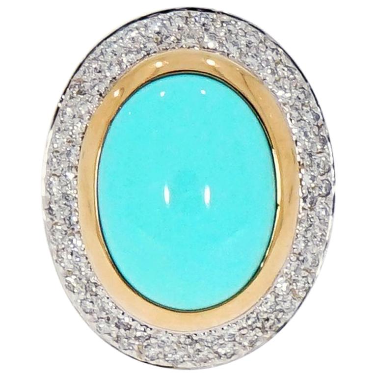 Oval Cabochon Turquoise and Diamond Yellow Gold Cocktail Ring For Sale