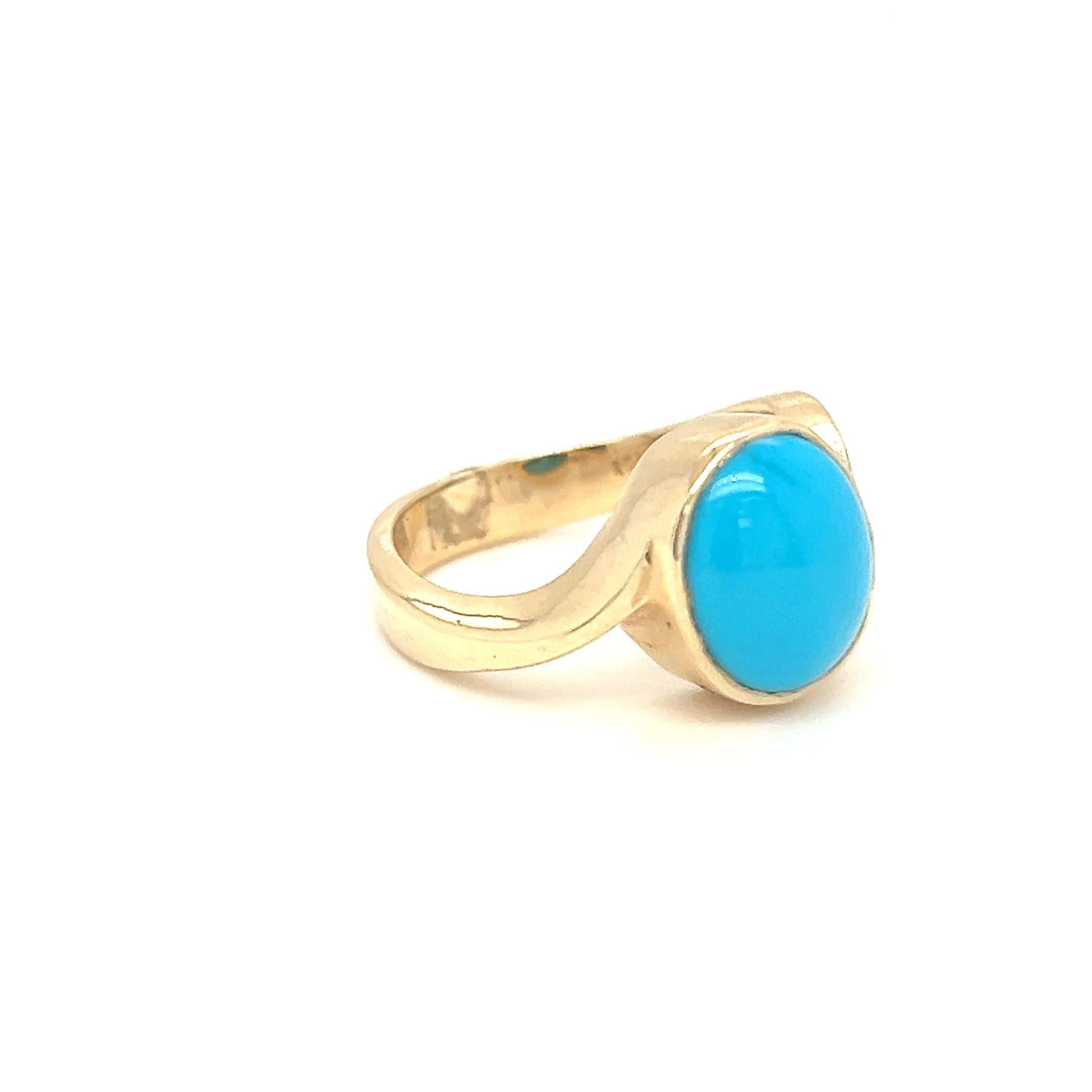 Contemporary Oval Cabochon Turquoise Twist Ring 14k Yellow Gold For Sale