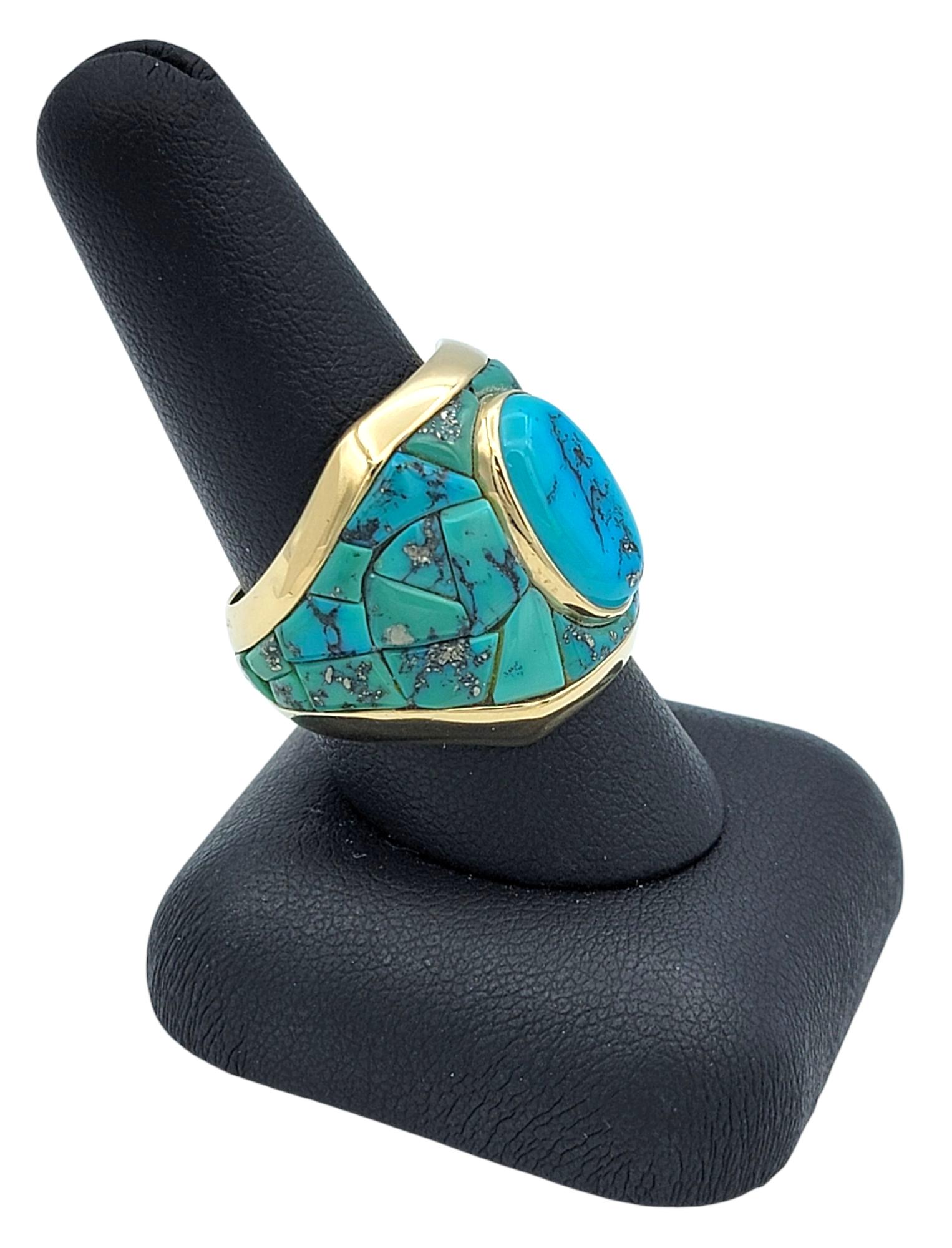 Bague jonc en or jaune 14 carats avec turquoise cabochon ovale et mosaïque graduée large en vente 4
