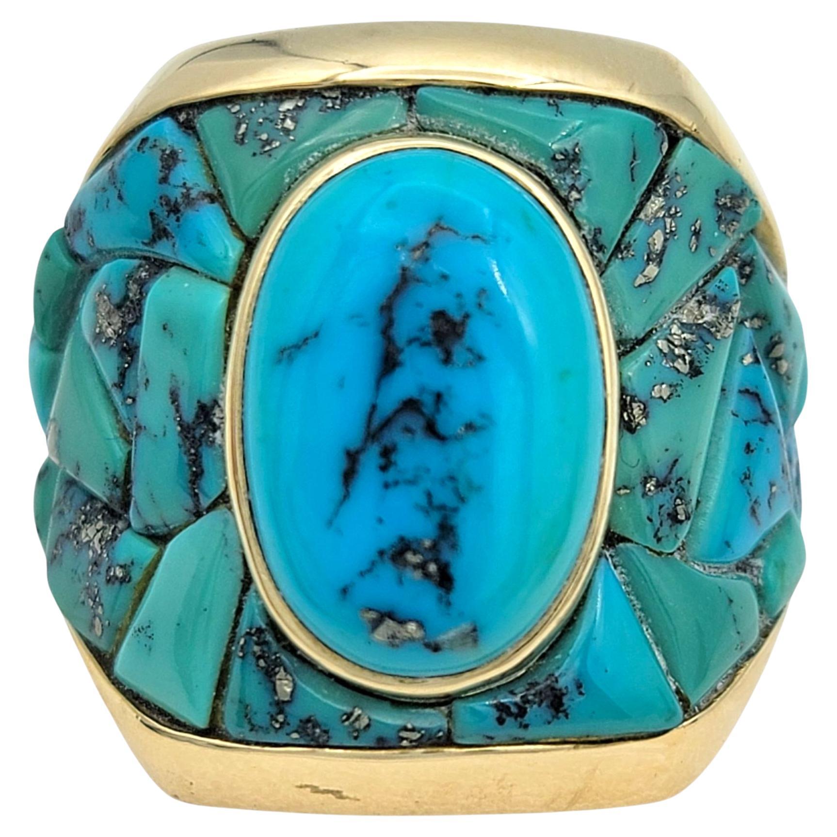 Oval Cabochon Turquoise Wide Graduated Mosaic Band Ring in 14 Karat Yellow Gold