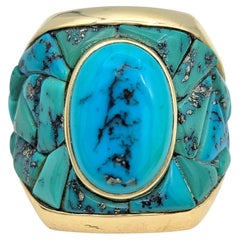 Oval Cabochon Turquoise Wide Graduated Mosaic Band Ring in 14 Karat Yellow Gold