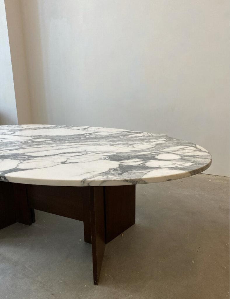 Italian Oval Calacatta Marble Top Dining Table with Mahogany Base