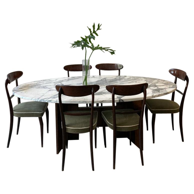Oval Calacatta Marble Top Dining Table with Mahogany Base
