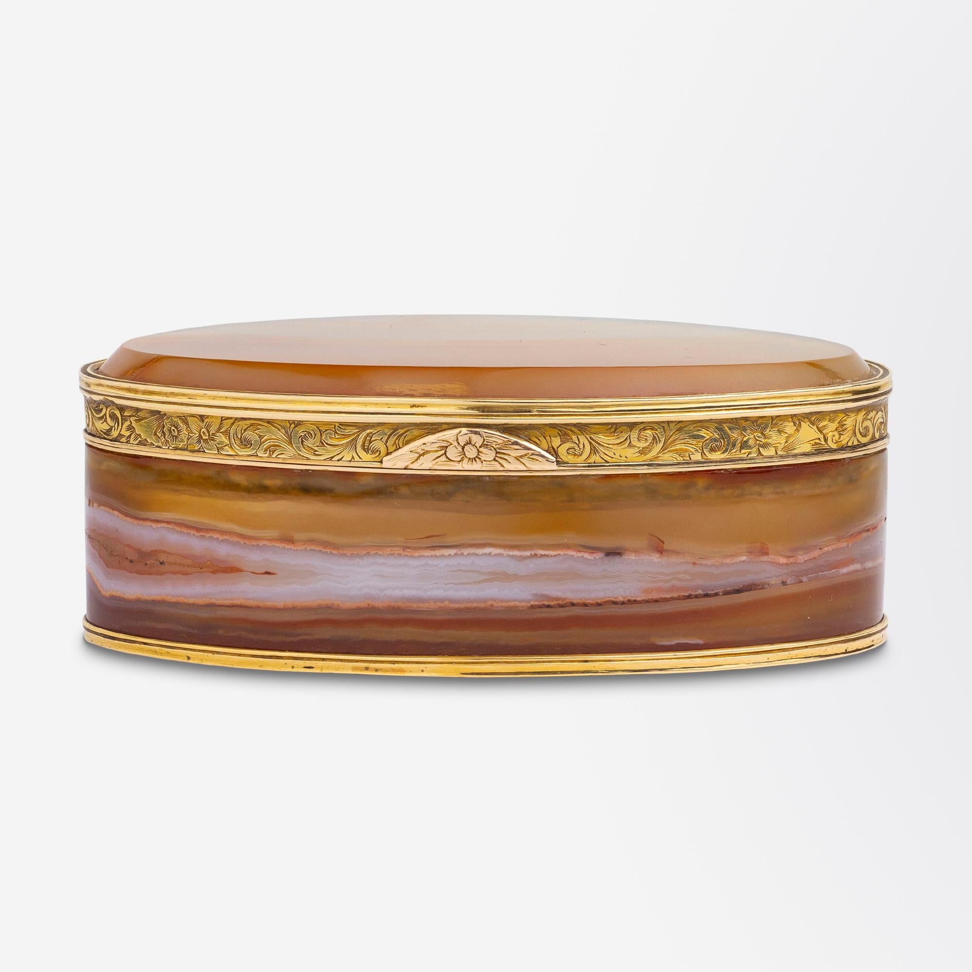 Uncut Oval Carnelian Agate Box With Gold Mounts