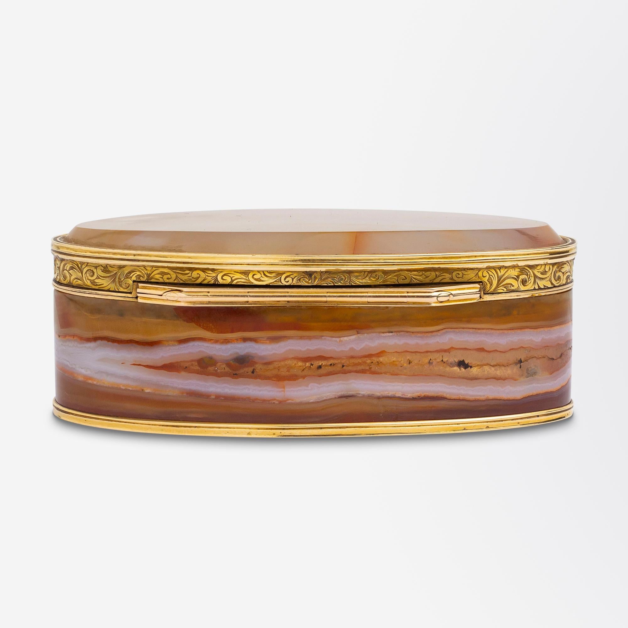 Women's or Men's Oval Carnelian Agate Box With Gold Mounts