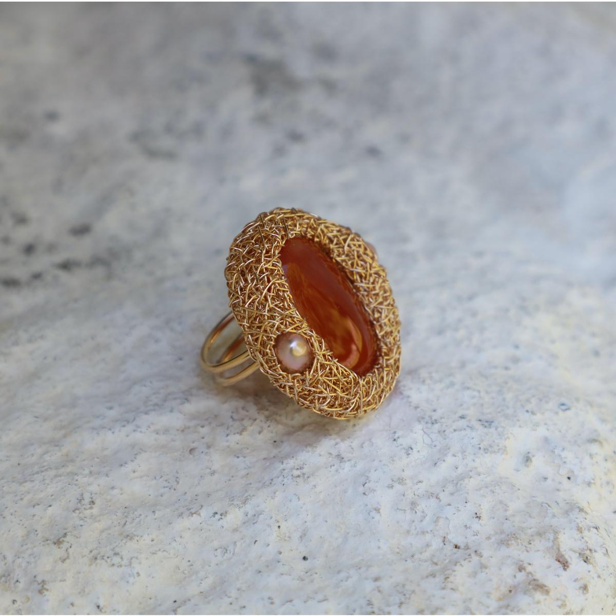 Oval Carnelian and Pearls 14 Kt Gold F. Cocktail Statement Ring by the Artist For Sale 5
