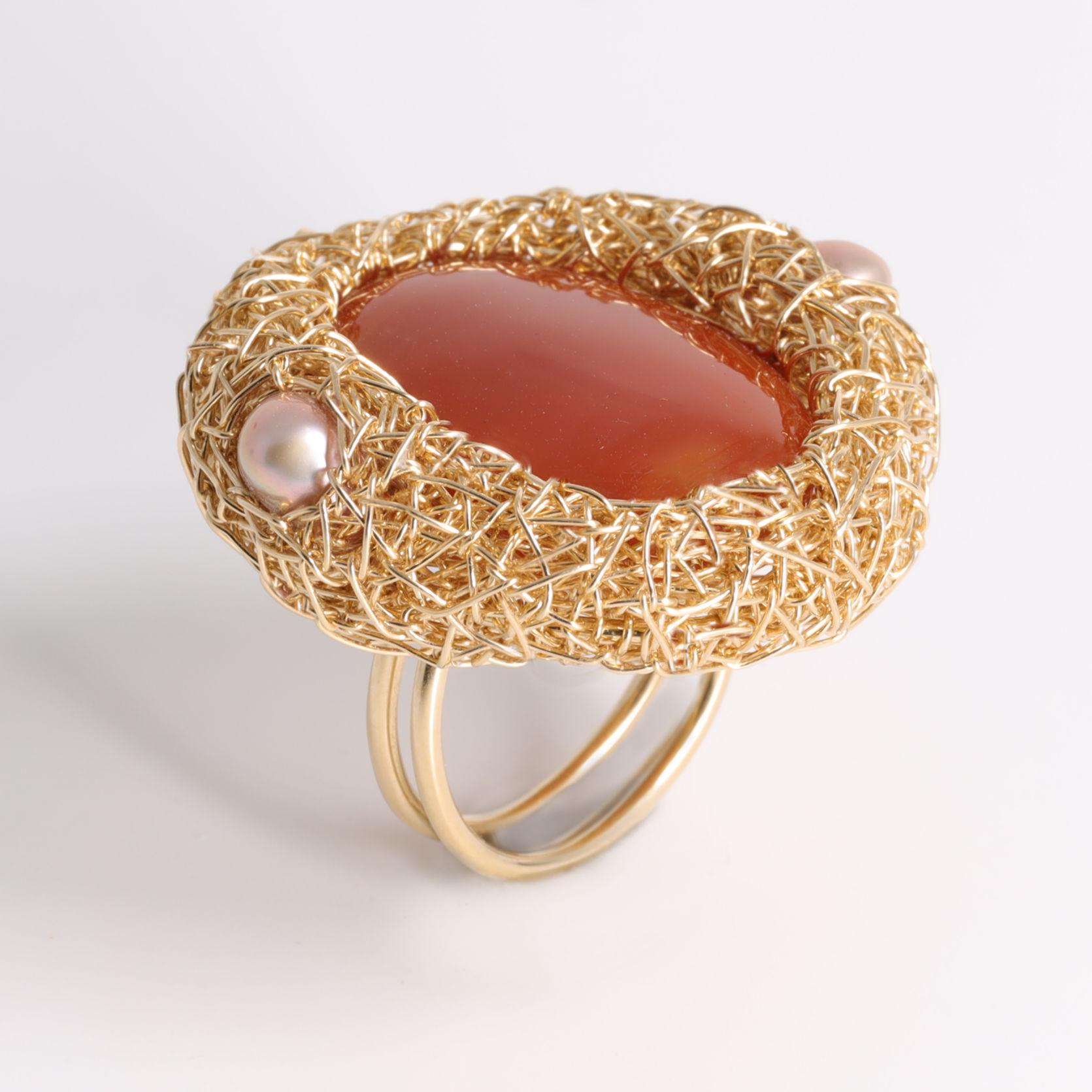 Oval Carnelian and Pearls 14 Kt Gold F. Cocktail Statement Ring by the Artist For Sale 10