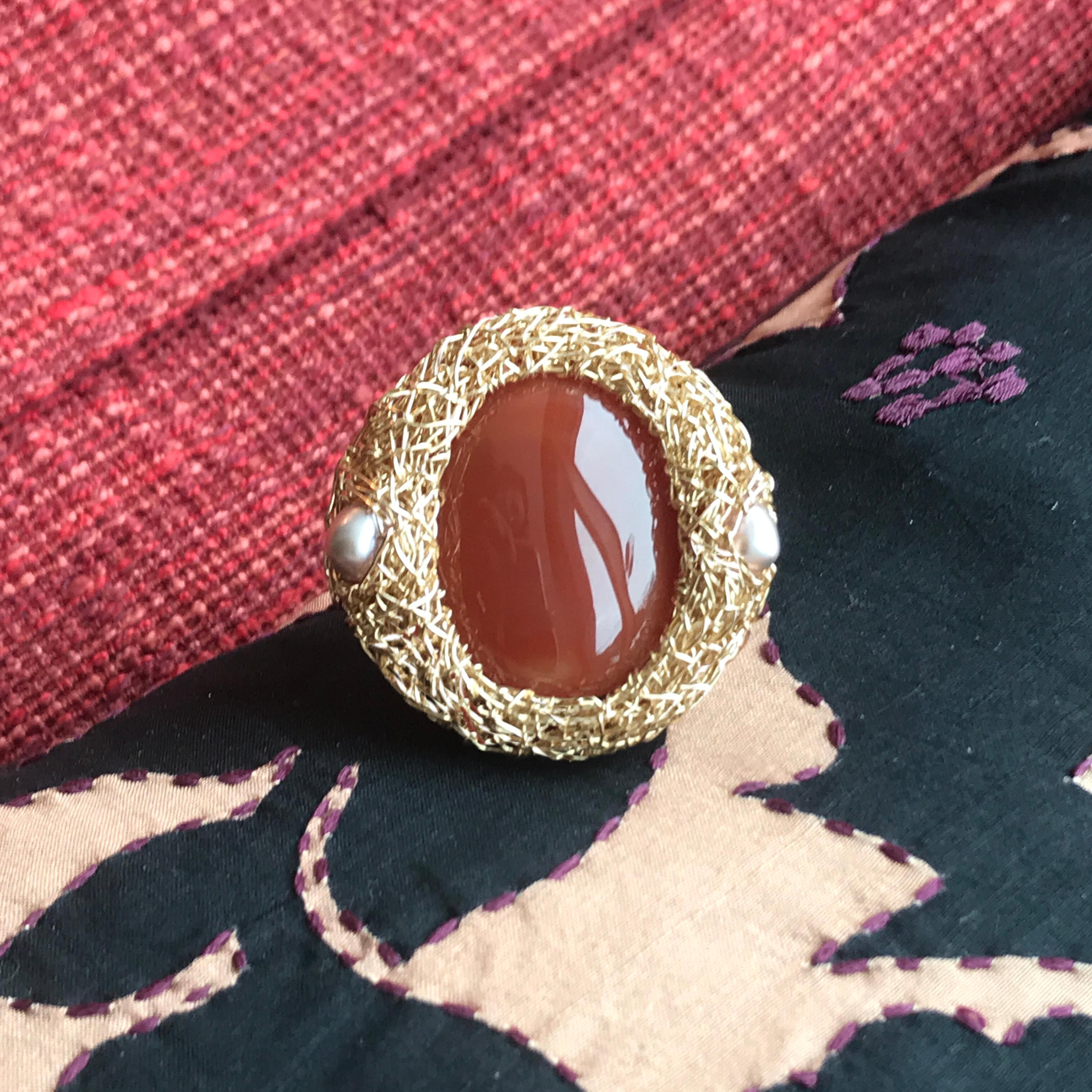 Oval Carnelian and Pearls 14 Kt Gold F. Cocktail Statement Ring by the Artist For Sale 11