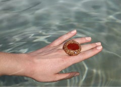 Oval Carnelian and Pearls 14 Kt Gold F. Cocktail Statement Ring by the Artist
