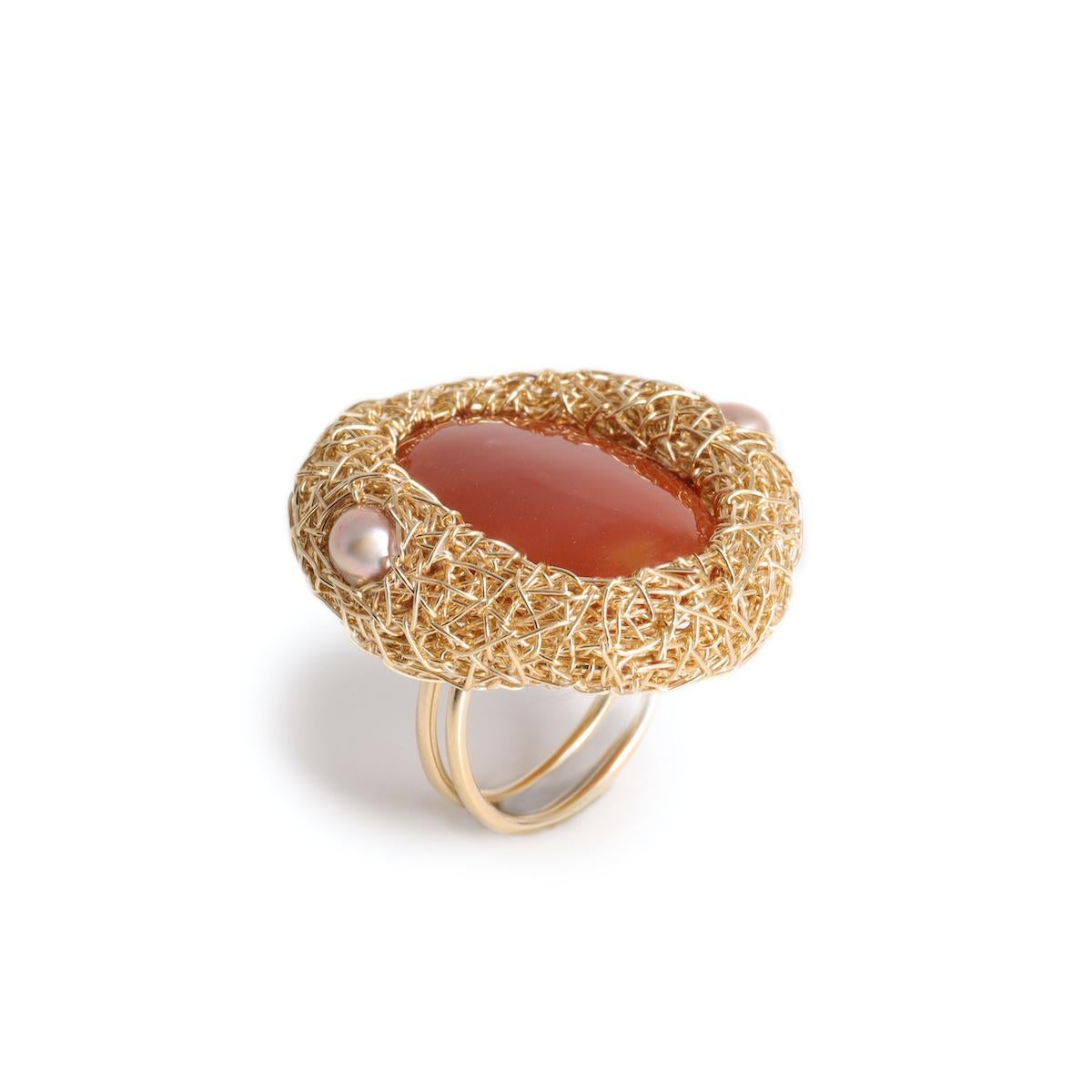 Contemporary Oval Carnelian and Pearls 14 Kt Gold F. Cocktail Statement Ring by the Artist For Sale
