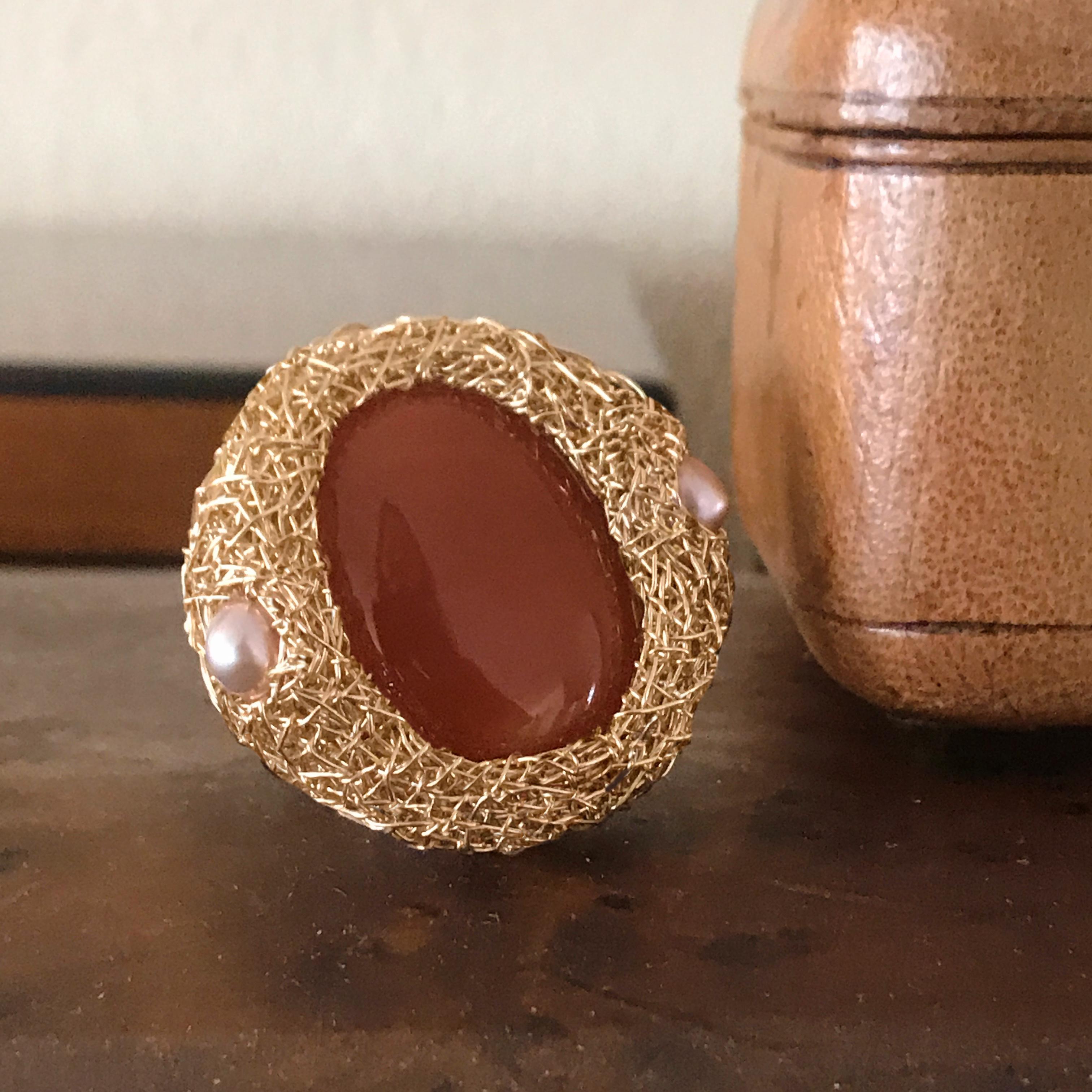 Oval Carnelian and Pearls 14 Kt Gold F. Cocktail Statement Ring by the Artist In New Condition For Sale In Engelberg, CH