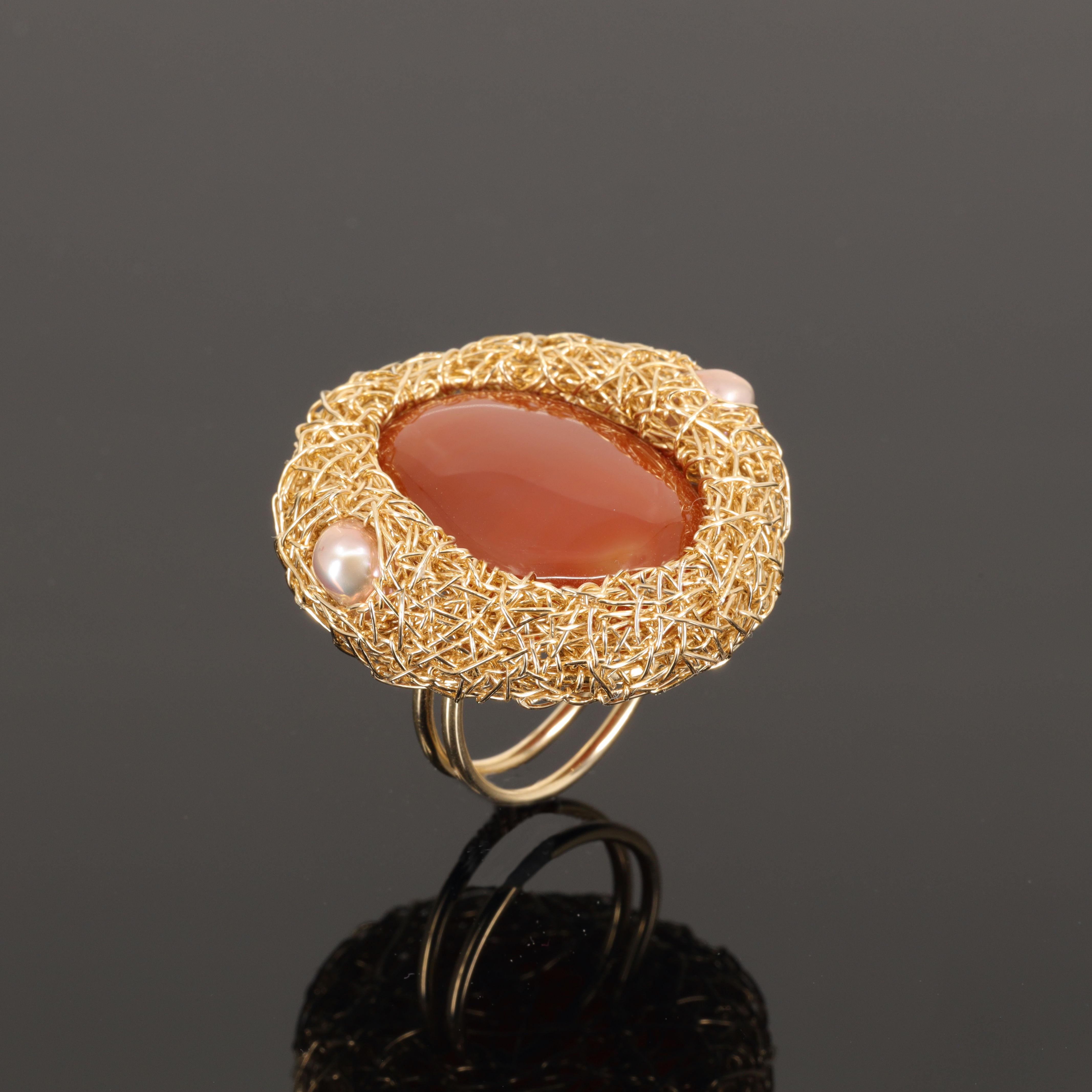 Women's or Men's Oval Carnelian and Pearls 14 Kt Gold F. Cocktail Statement Ring by the Artist For Sale