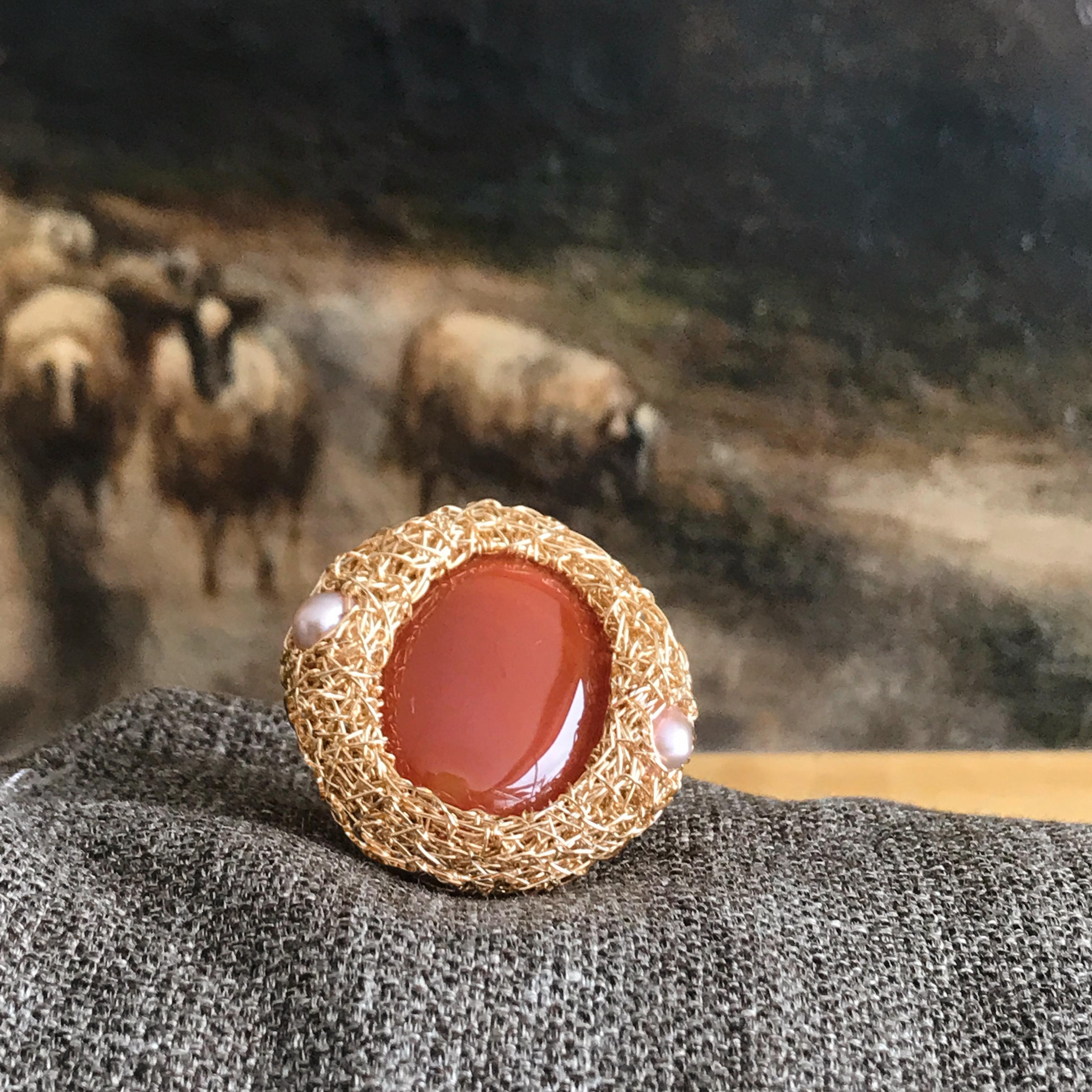 Oval Carnelian and Pearls 14 Kt Gold F. Cocktail Statement Ring by the Artist For Sale 3