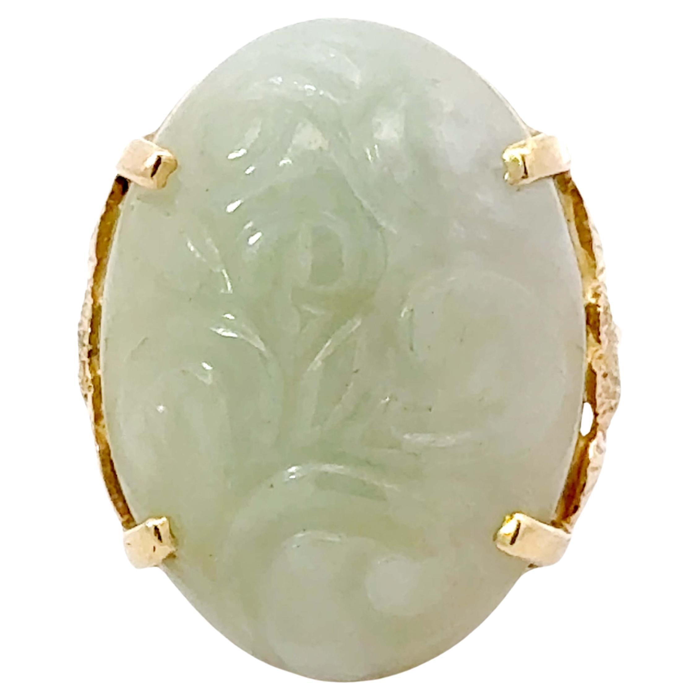 Oval Carved Nephrite Jade Ring 14K Yellow Gold For Sale