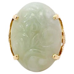 Retro Oval Carved Nephrite Jade Ring 14K Yellow Gold