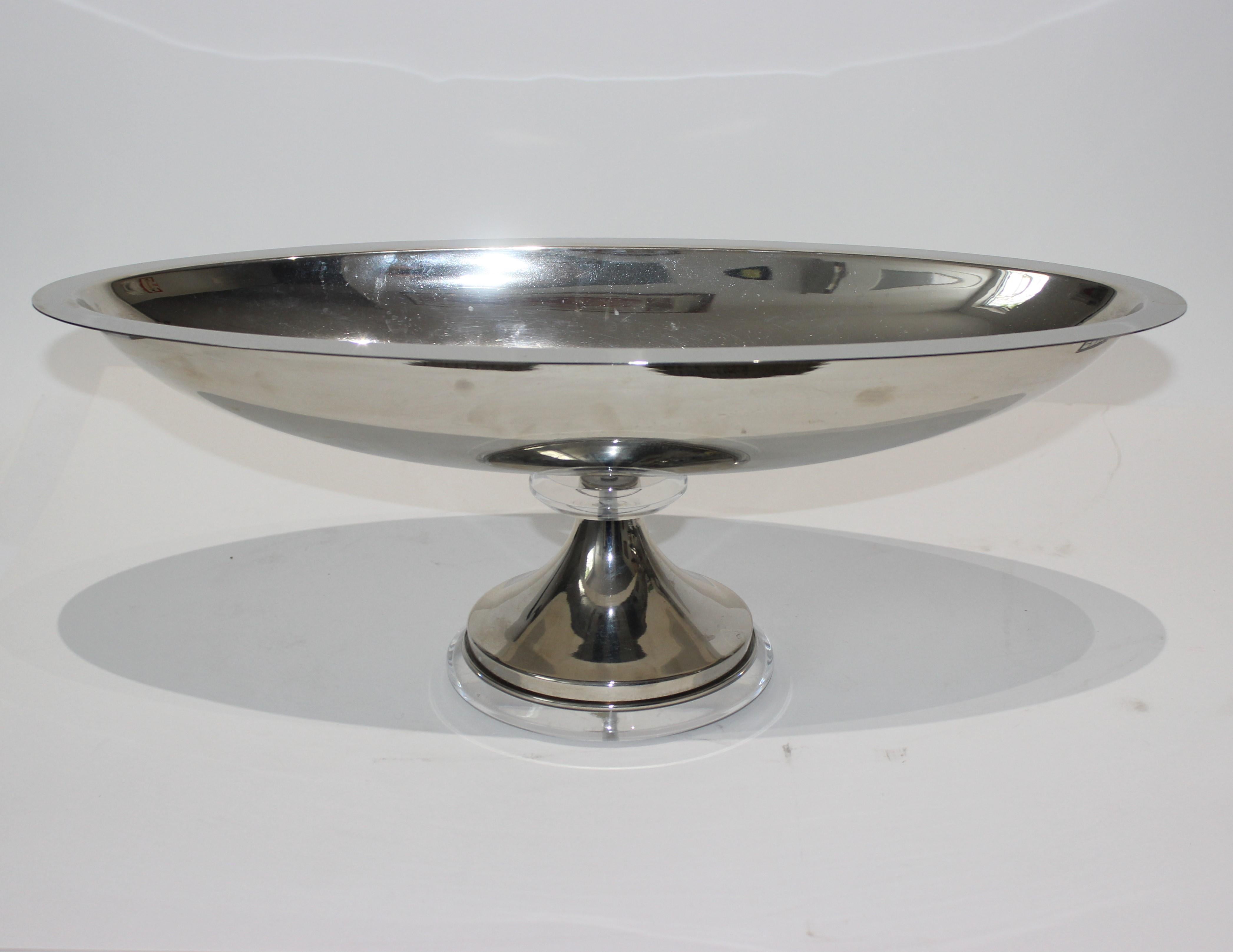 Oval centerpiece compote bowl chrome and Lucite 1970s from a Palm Beach estate.